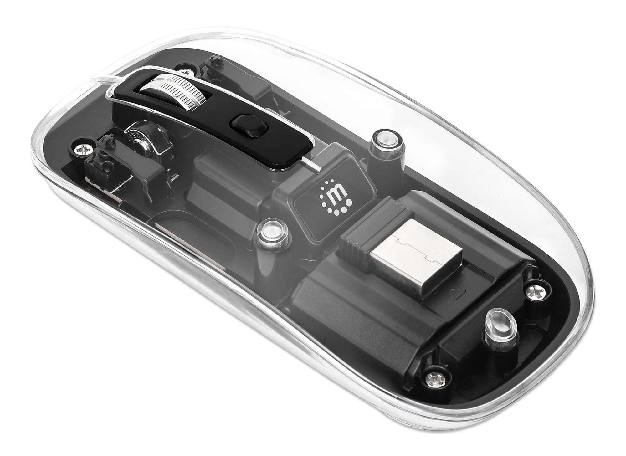 MANHATTAN Transparente Wiederaufladbare Kabellose Maus LED-Beleuchtung USB-A-Mikroempfänger Links-/Rechtshänder durchsichtig/schwarz