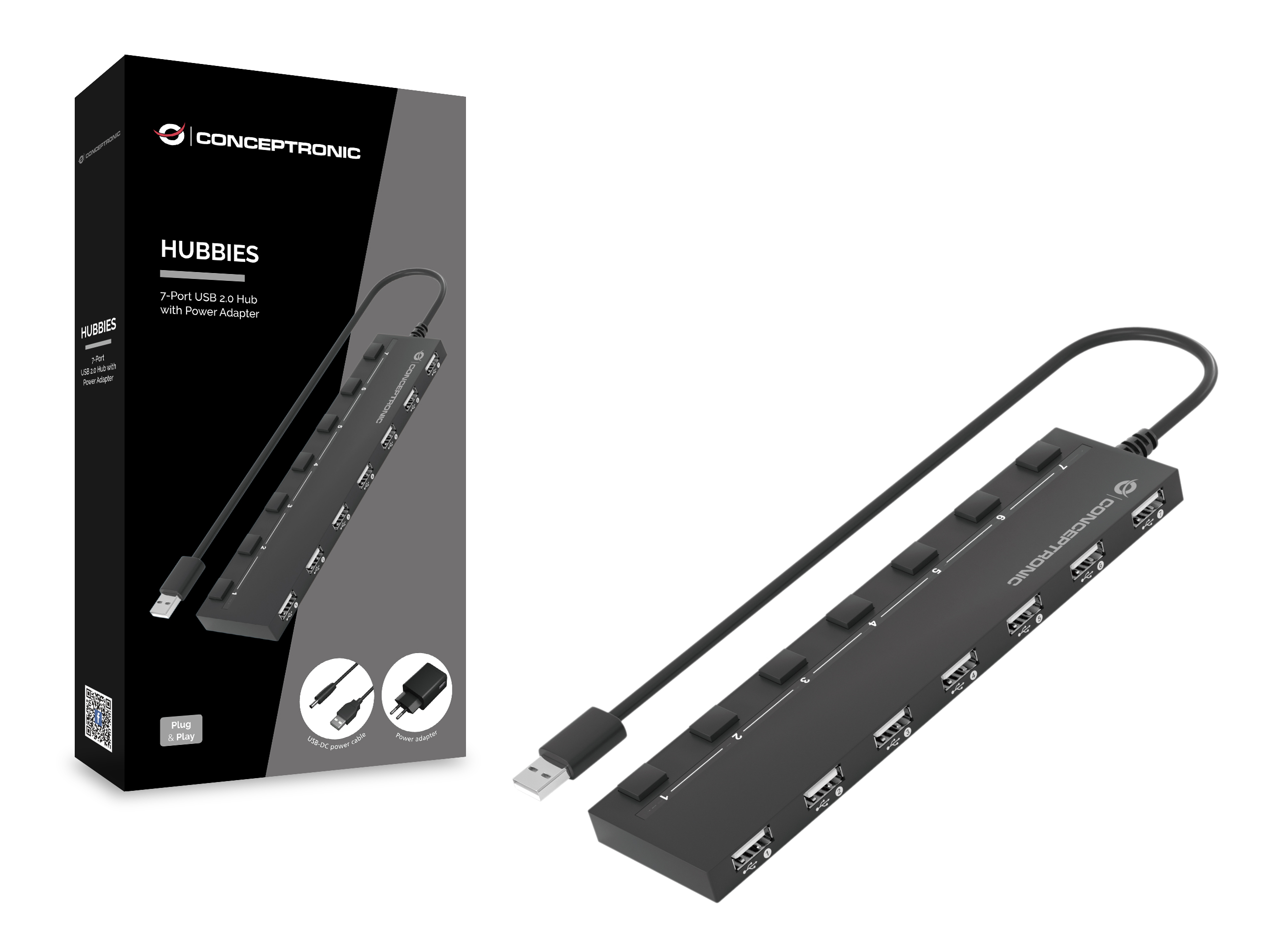 CONCEPTRONIC 7-Port Hub USB-A2.0->7xA2.0/DC m.Netz. sw