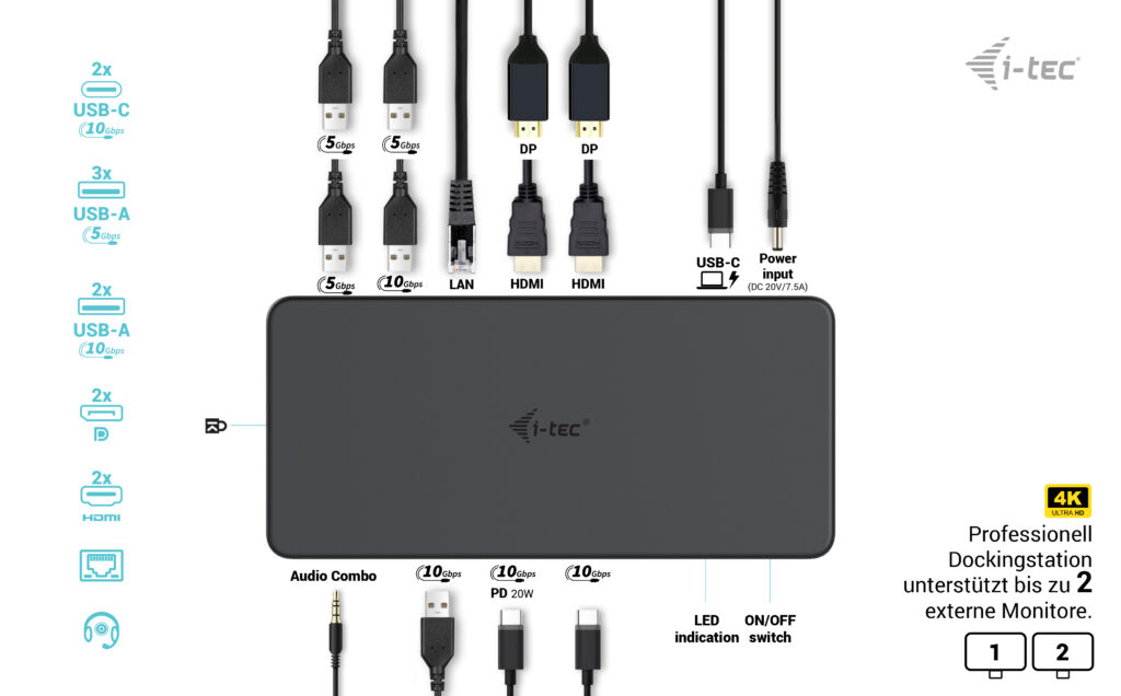 I-TEC USB 3.0 USB-C Thunderbolt 3 Professional Dual 4K Display Docking Station Generation 2 + Power Delivery 100W