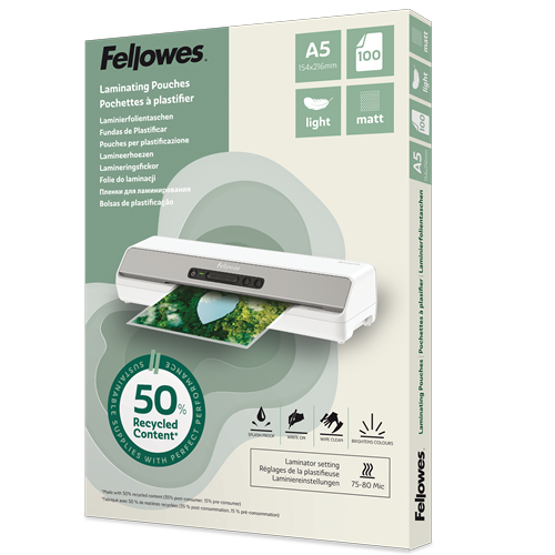Fellowes Laminierfolien mit 50% recyceltem Anteil matt für A5 75-80 micron, 100 St.