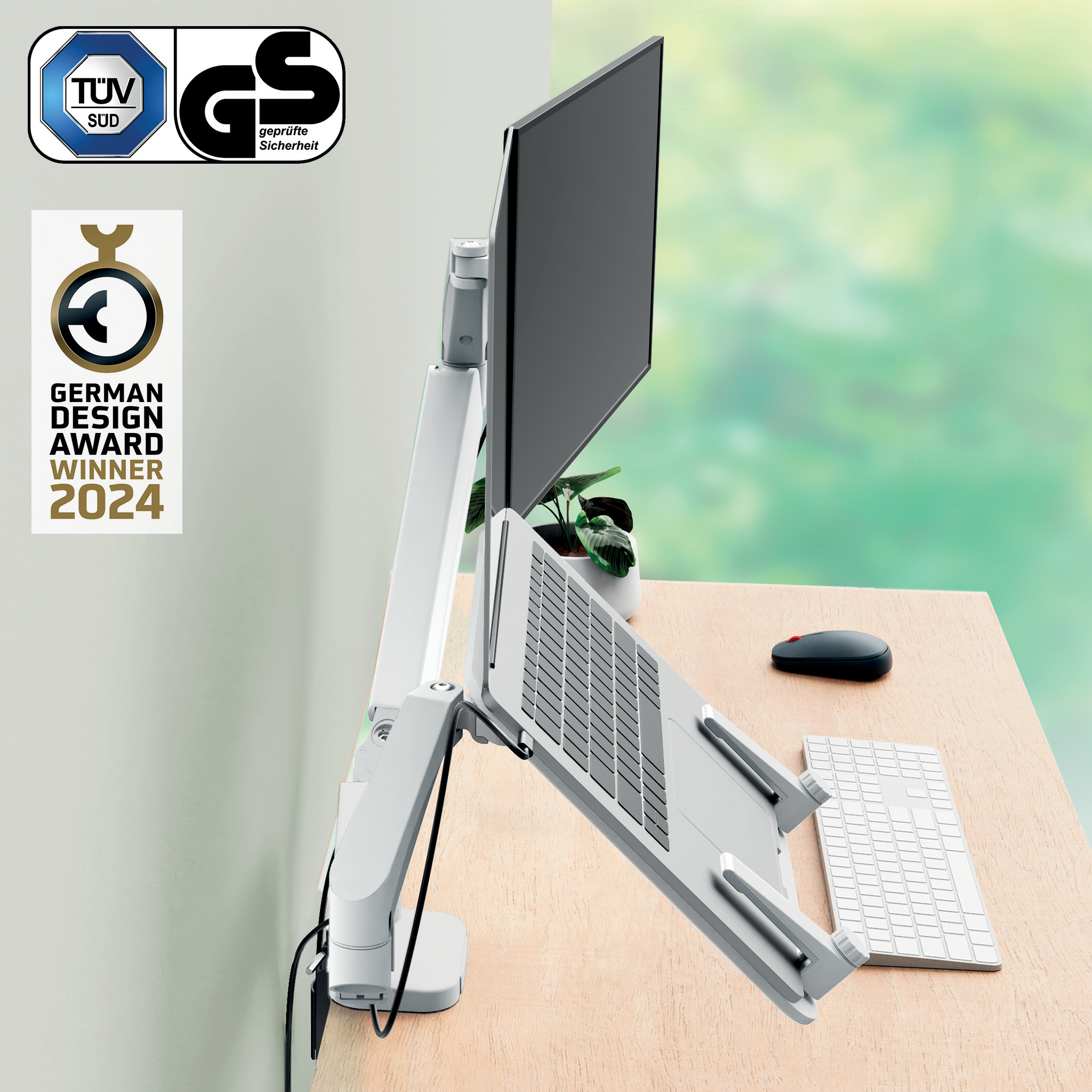 LEITZ Laptop-Monitor-Halterung Ergo 65380085 lichtgrau für 1 Monitor und 1 Laptop, Tischklemme