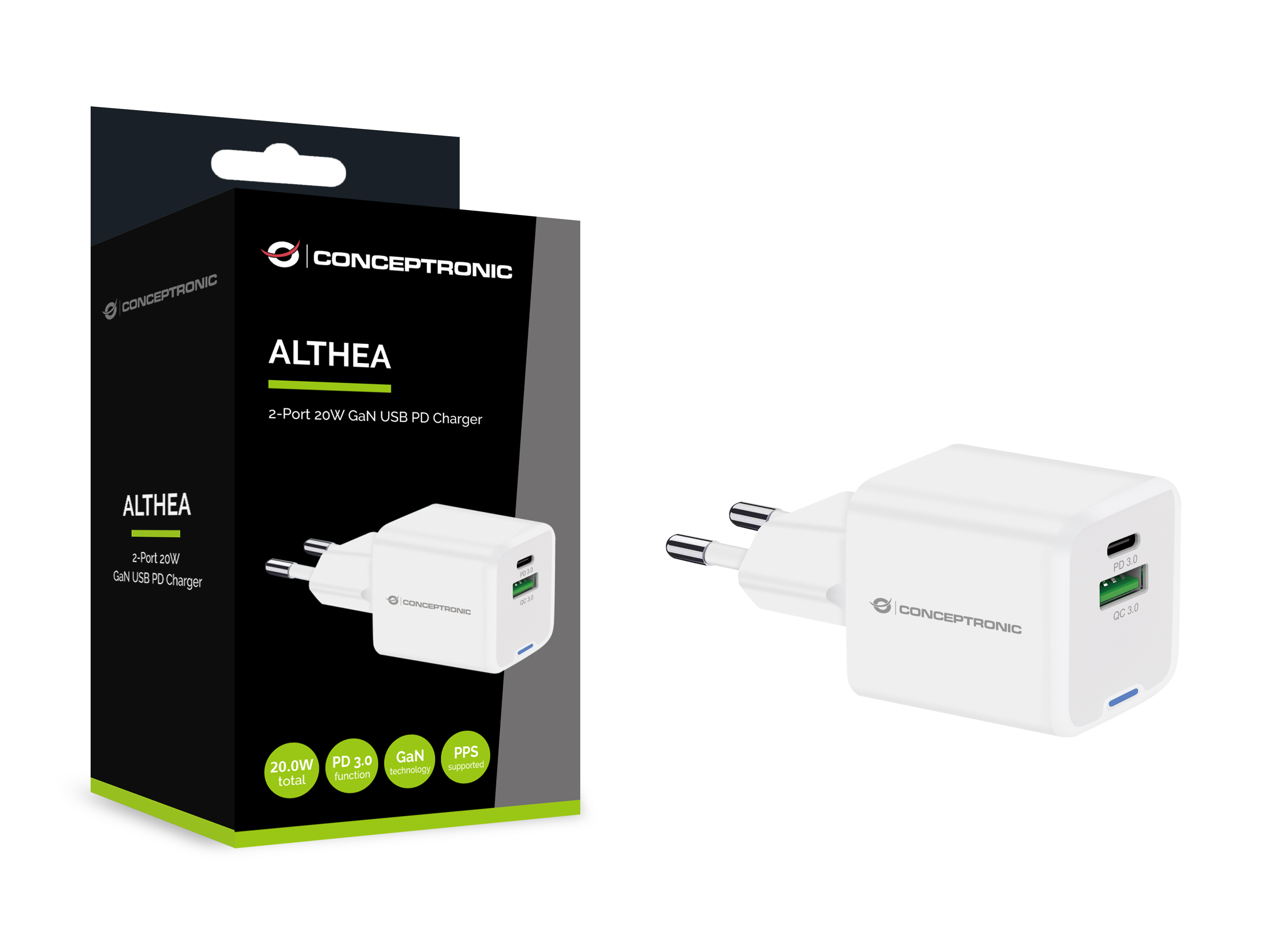 CONCEPTRONIC Ladegerät 2Port GaN USB-C/-A 20WPD3.0/PPS ws