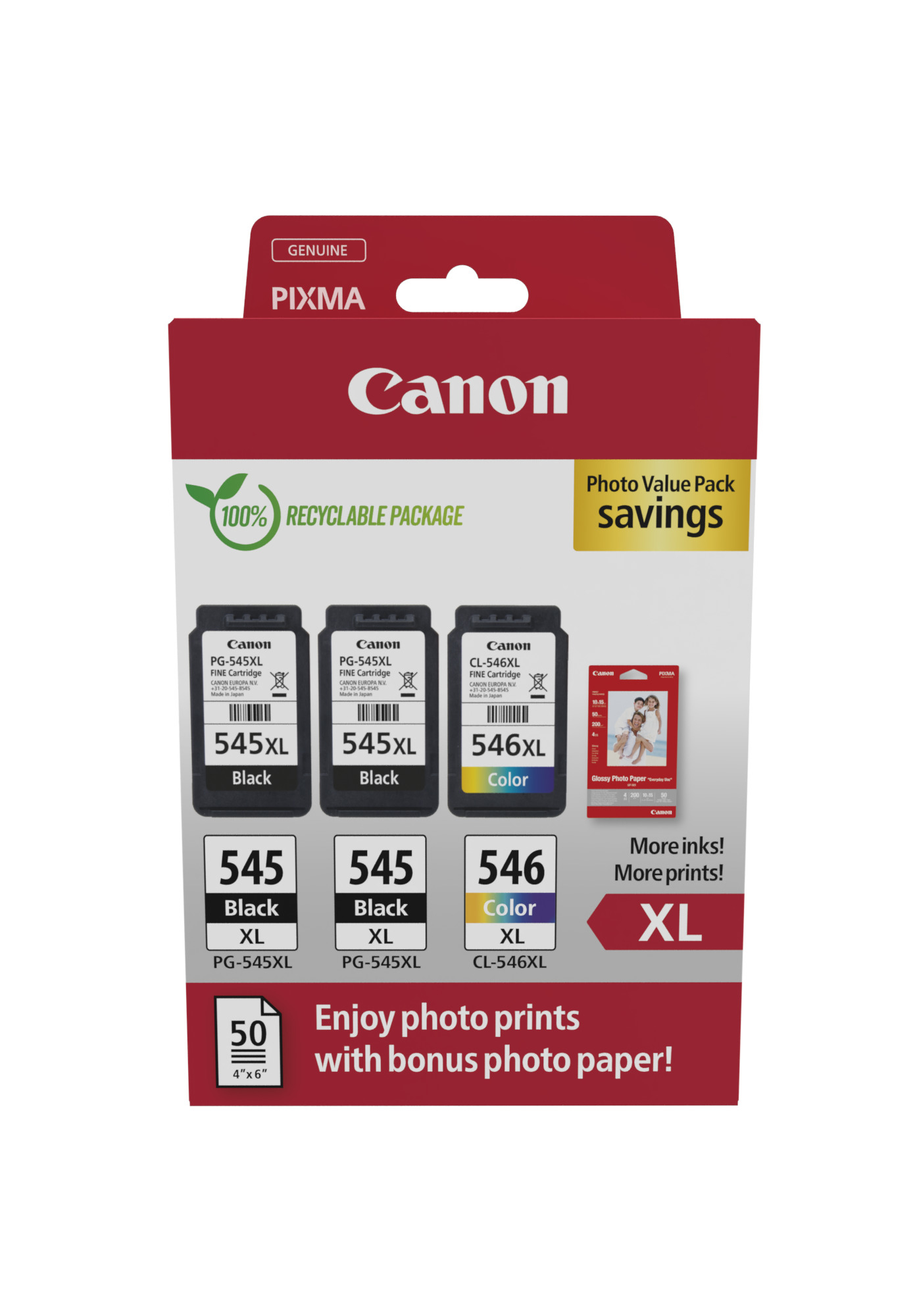 Canon PG-545XLx2/CL-546XL schwarz, color Druckköpfe + Fotopapier, 3er-Set