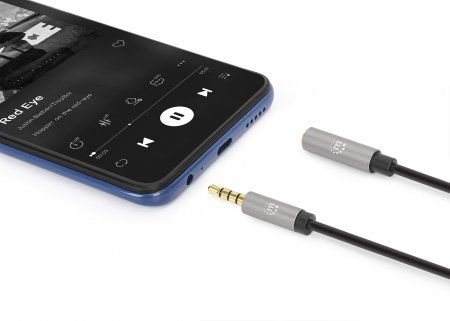 MANHATTAN Audio-Verlängerungskabel Aux 3,5mm Klinke Stecker auf Buchse 3m vergoldete Kontakte Slim Design schwarz/silber