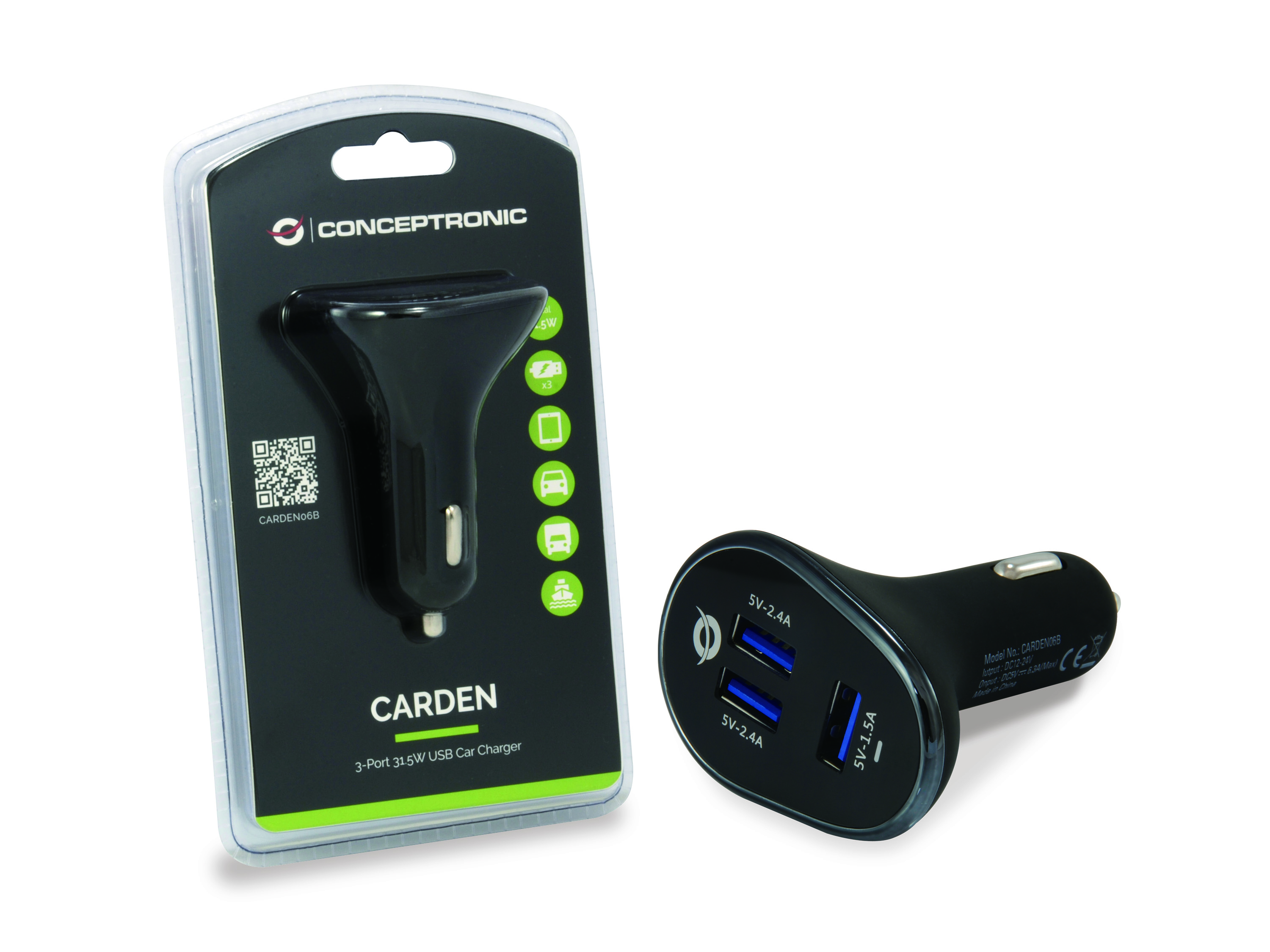 CONCEPTRONIC KFZ-Ladegerät 3-Port 3xUSB-A 31.5W sw