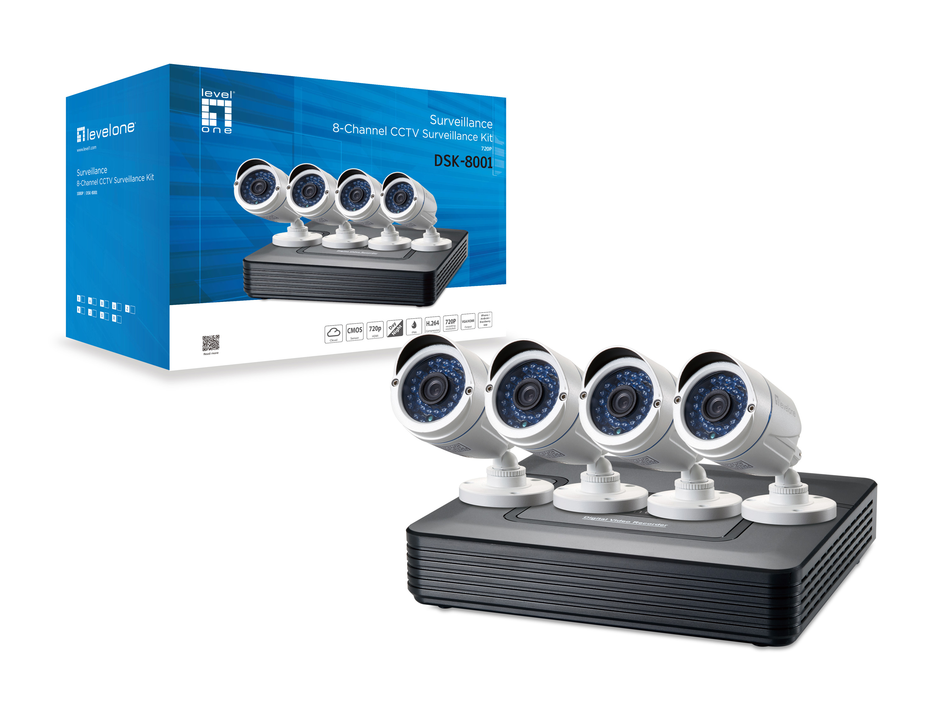 LevelOne CCTV 8-Kanal Kit 2MP/IP66/H.264/1x3,5/IR-30m weiß