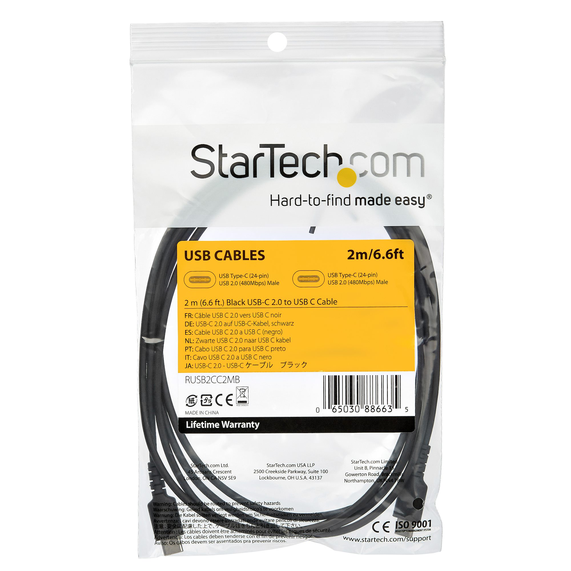 STARTECH.COM RUSB2CC2MB USB-C Kabel 2m hochwertiges USB 2.0 Typ-C Datenübertragungs und Ladekabel St/St Schwarz
