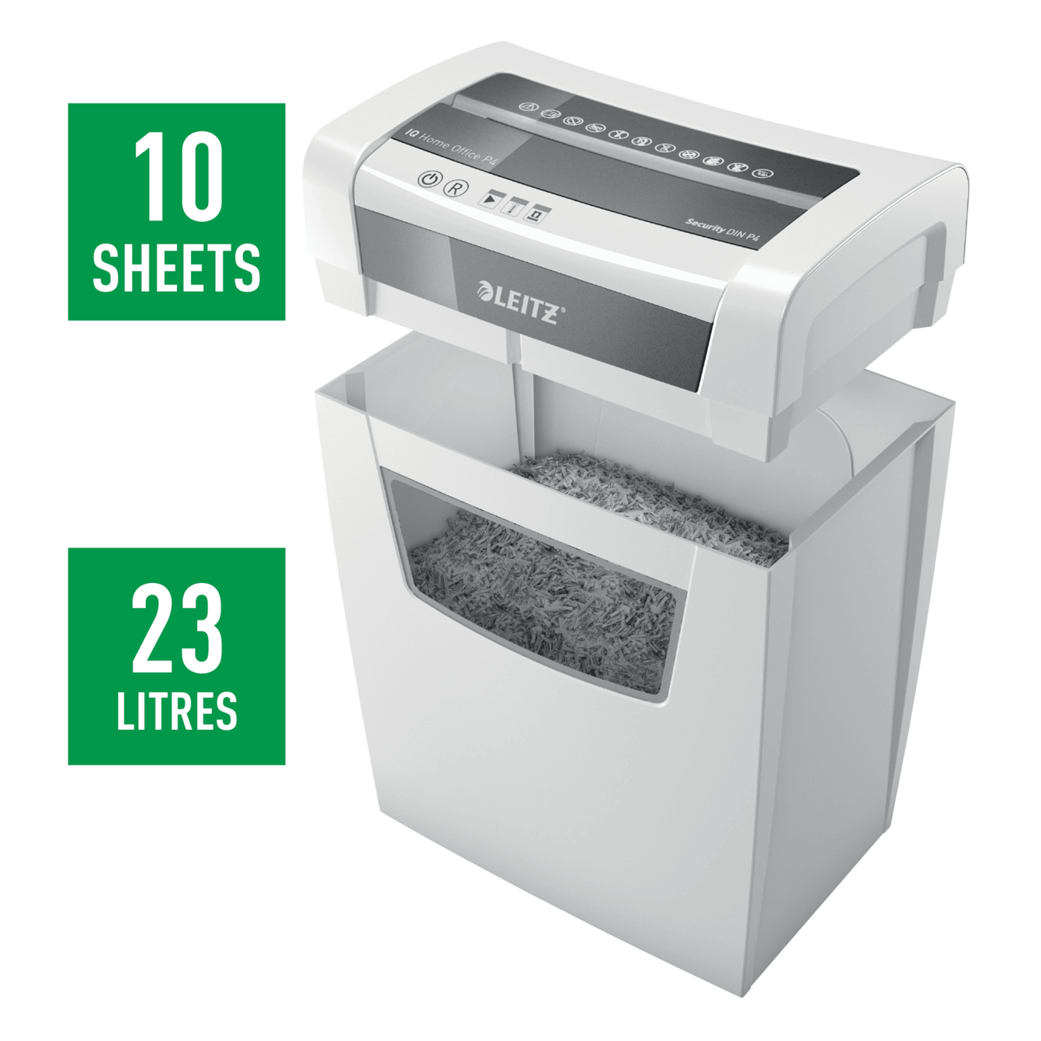 LEITZ IQ Home Office Aktenvernichter mit Partikelschnitt P-4, 4 x 28 mm, bis 10 Blatt, weiß