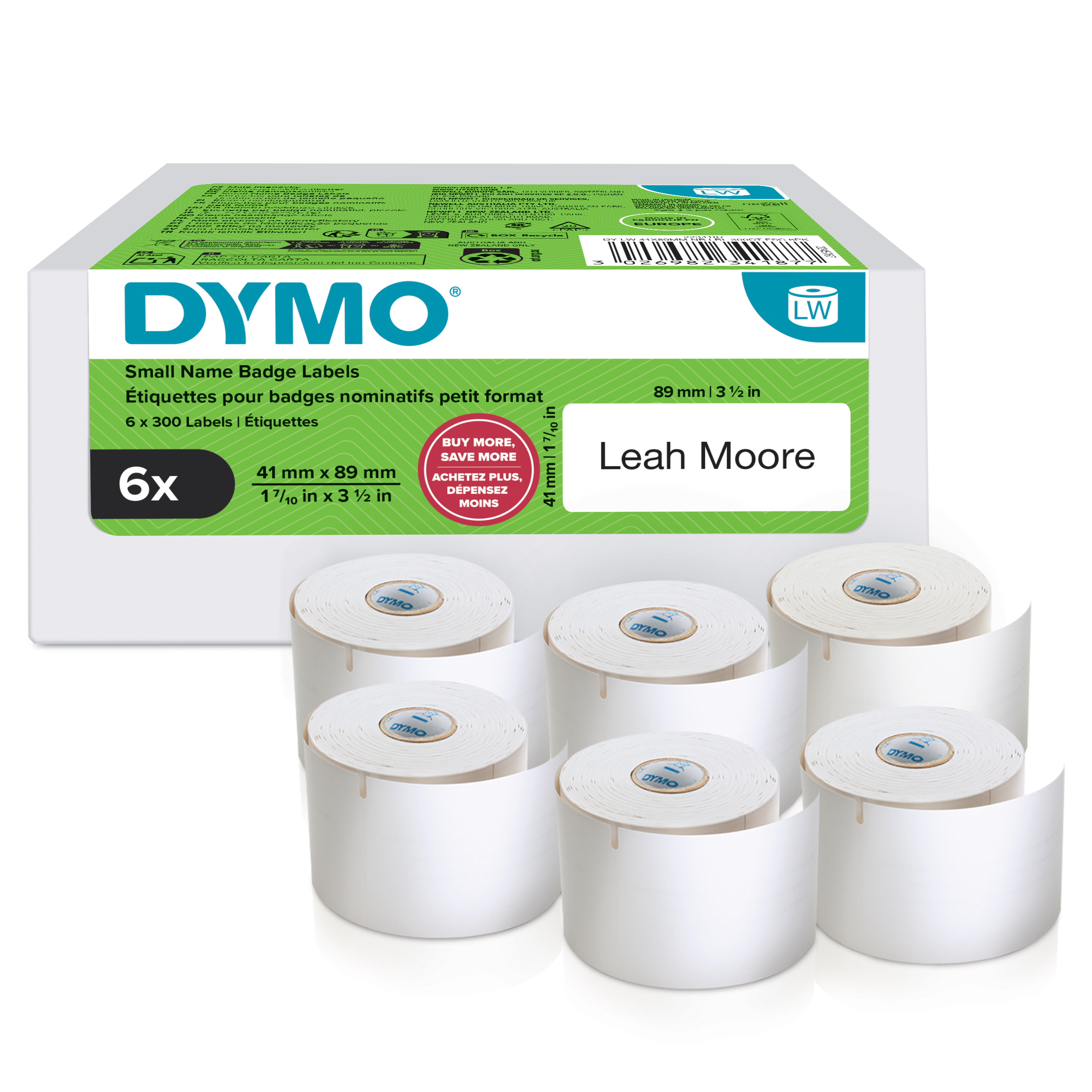 DYMO Etikettenrolle für Etikettendrucker weiß, 41,0 x 89,0 mm, 6 x 300 Etiketten