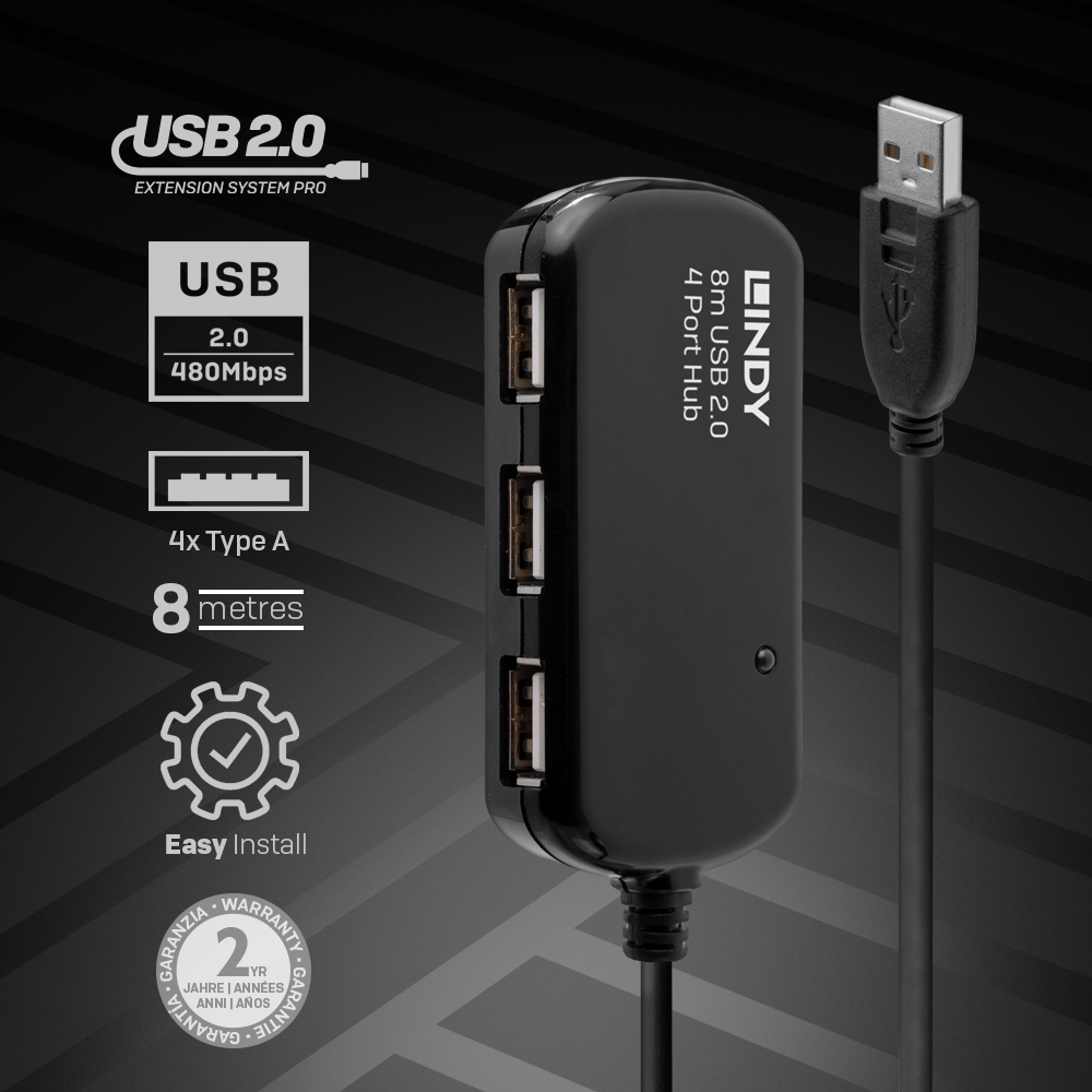 LINDY USB 2.0 Aktiv-Verlängerungs-Hub Pro 4 Port 8m