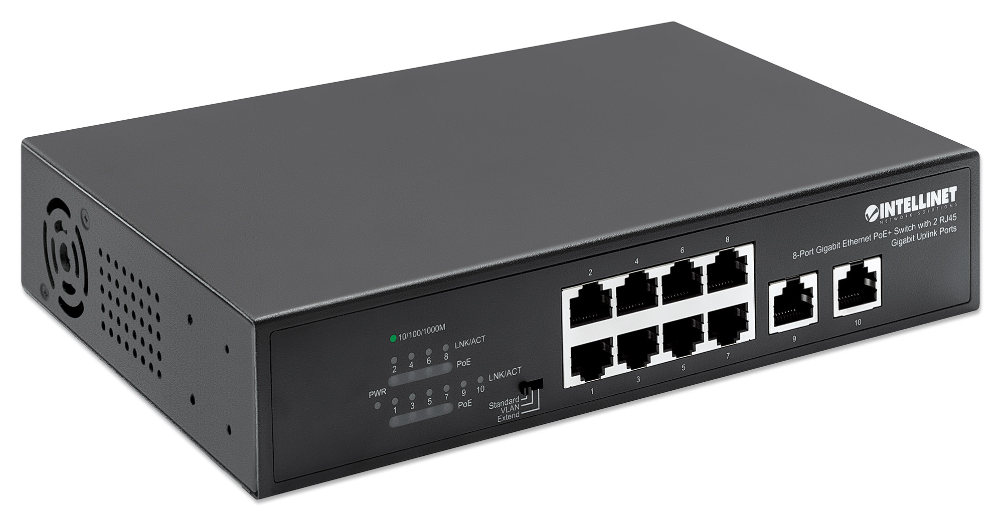 INTELLINET 8-Port Gigabit Ethernet PoE+ Switch mit 2 RJ45 Gigabit Uplink-Ports IEEE 802.3at/af PoE+/PoE-konform 120W Endspan Desktop