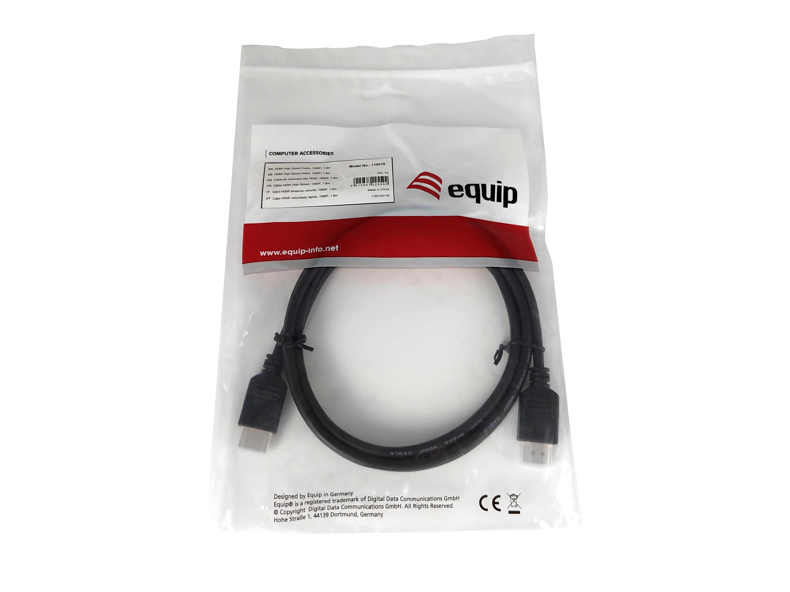 Equip HDMI HS Ethernet 1920x1080/60Hz St/St 1.80m schwarz Polybeutel