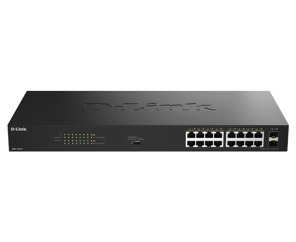 D-LINK DGS-1018P 18-Port Gigabit PoE+ unmanaged Switch 16x Gbit PoE 2x Gbit SFP uplink Port PoE Budget 240W