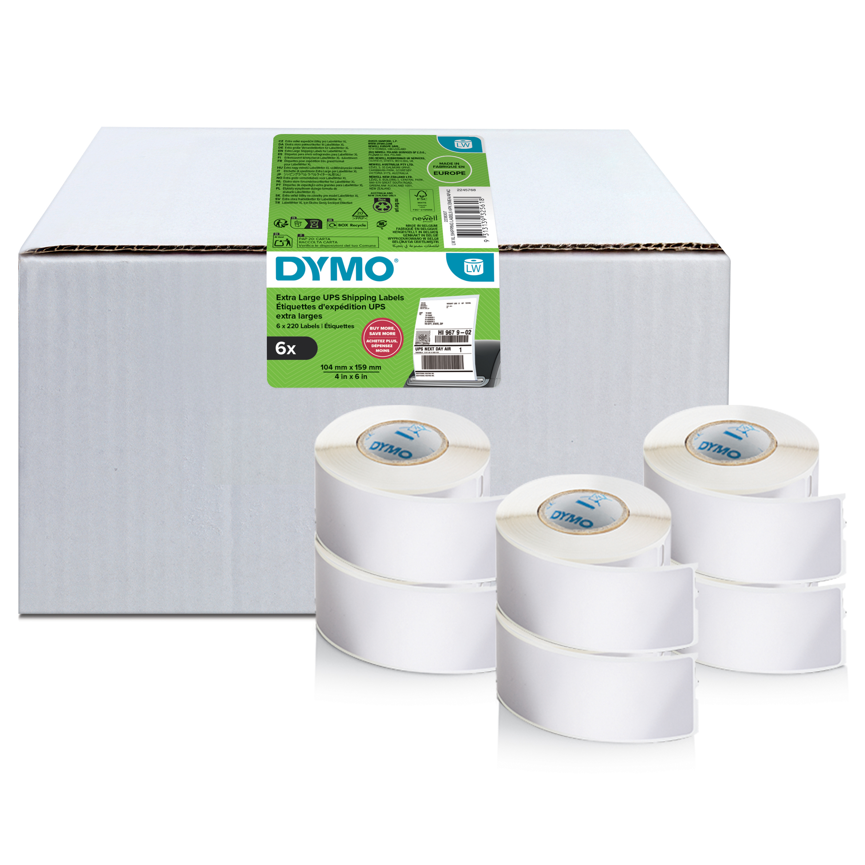 DYMO Etikettenrolle für Etikettendrucker weiß, 104,0 x 159,0 mm, 6 x 220 Etiketten