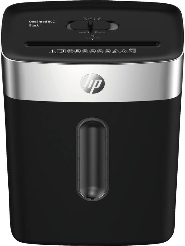 HP OneShred 8CC Aktenvernichter mit Partikelschnitt P-4, 5 x 18 mm, bis 8 Blatt, schwarz, silber