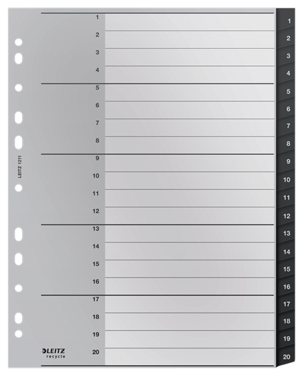 LEITZ Ordnerregister recycle 1211 DIN A4 Vollformat, Überbreite 1-20 schwarz 20-teilig, 1 Satz