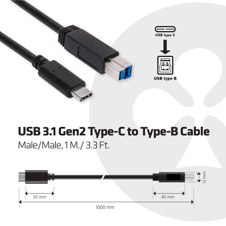 Club3D Kabel USB 3.1 Typ C > USB Typ B 1,0m St/St retail