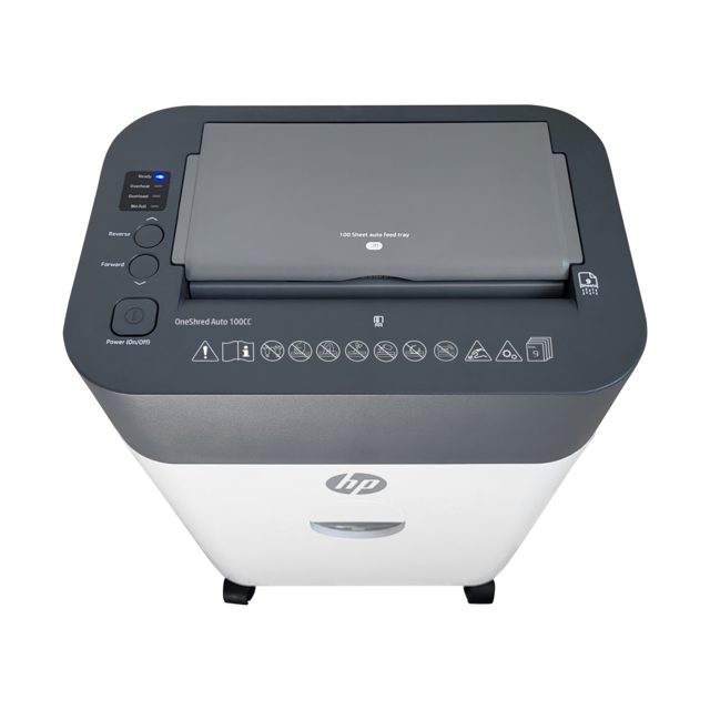 HP OneShred Auto 100CC Aktenvernichter mit Partikelschnitt P-4, 4,3 x 12 mm, bis 100 Blatt, weiß