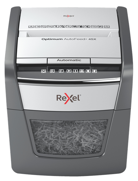 Rexel Optimum AutoFeed+ 45X Aktenvernichter mit Partikelschnitt P-4, 4 x 28 mm, bis 45 Blatt, schwarz