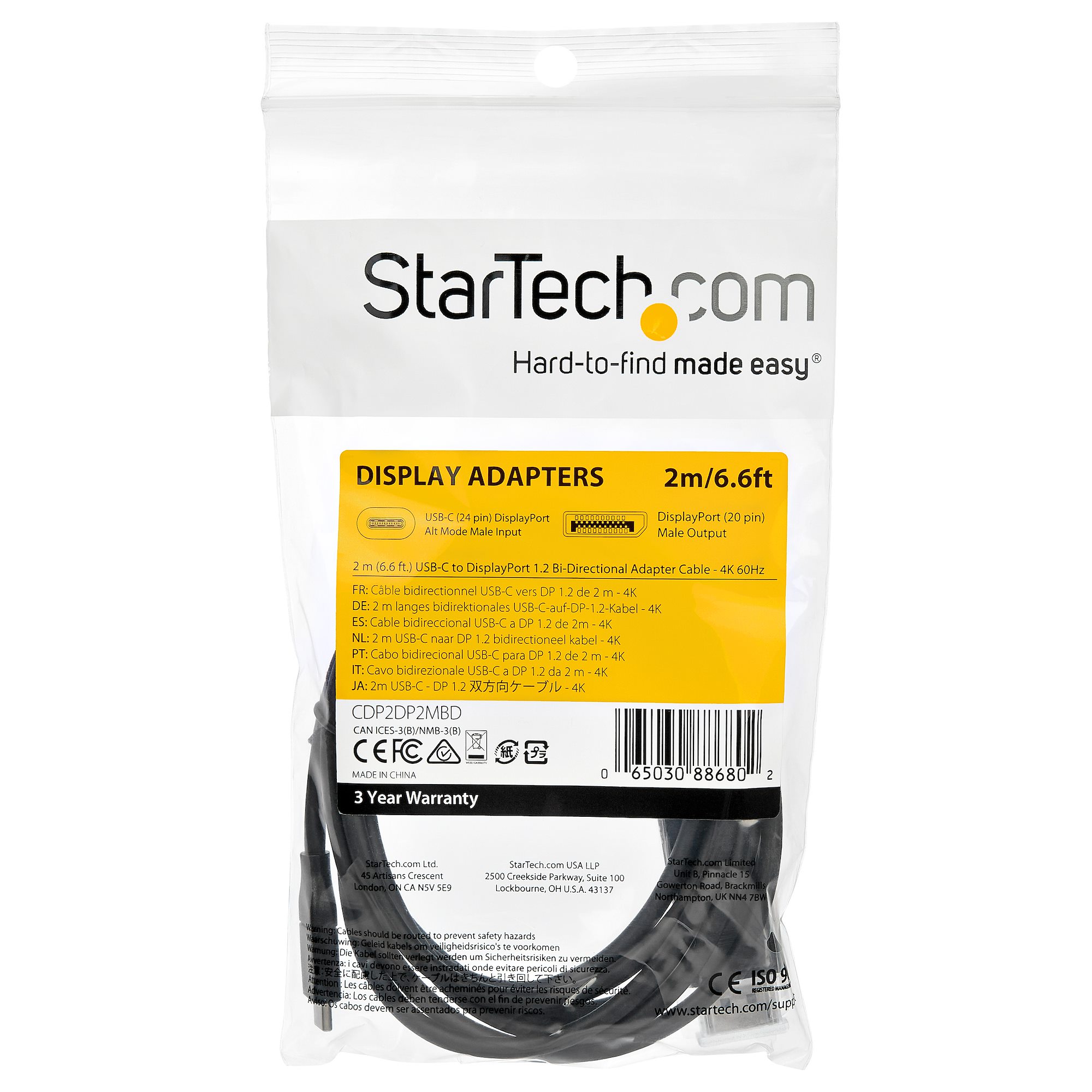 STARTECH.COM 2m USB-C auf DisplayPort-Kabel - 4K 60Hz - USB-C-Adapter - Thunderbolt 3-kompatibel - bidirektional