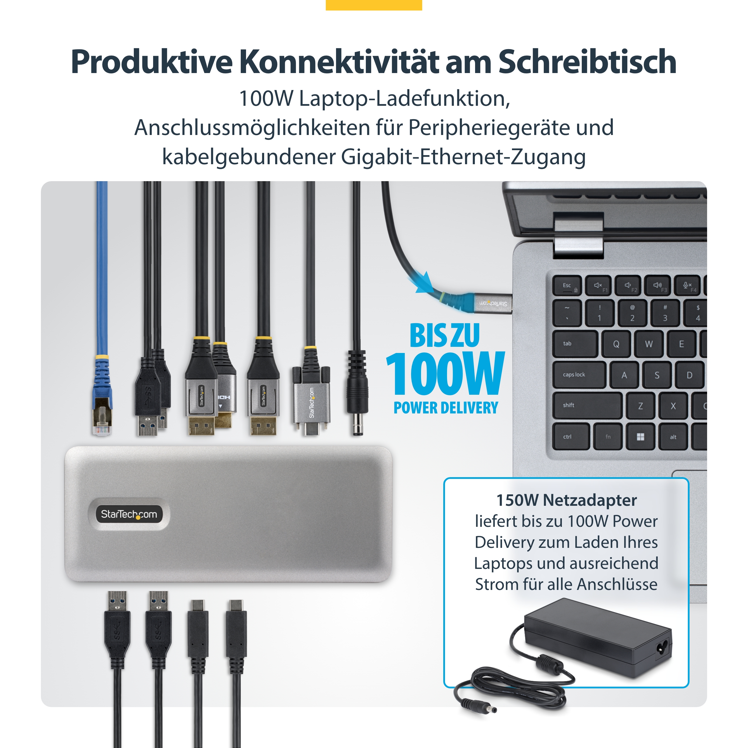STARTECH.COM USB-C Dockingstation Dreifach 4K 60Hz MST Dock DisplayPort und HDMI 100W Power Delivery Laptop-Ladung 1GbE treiberlos W