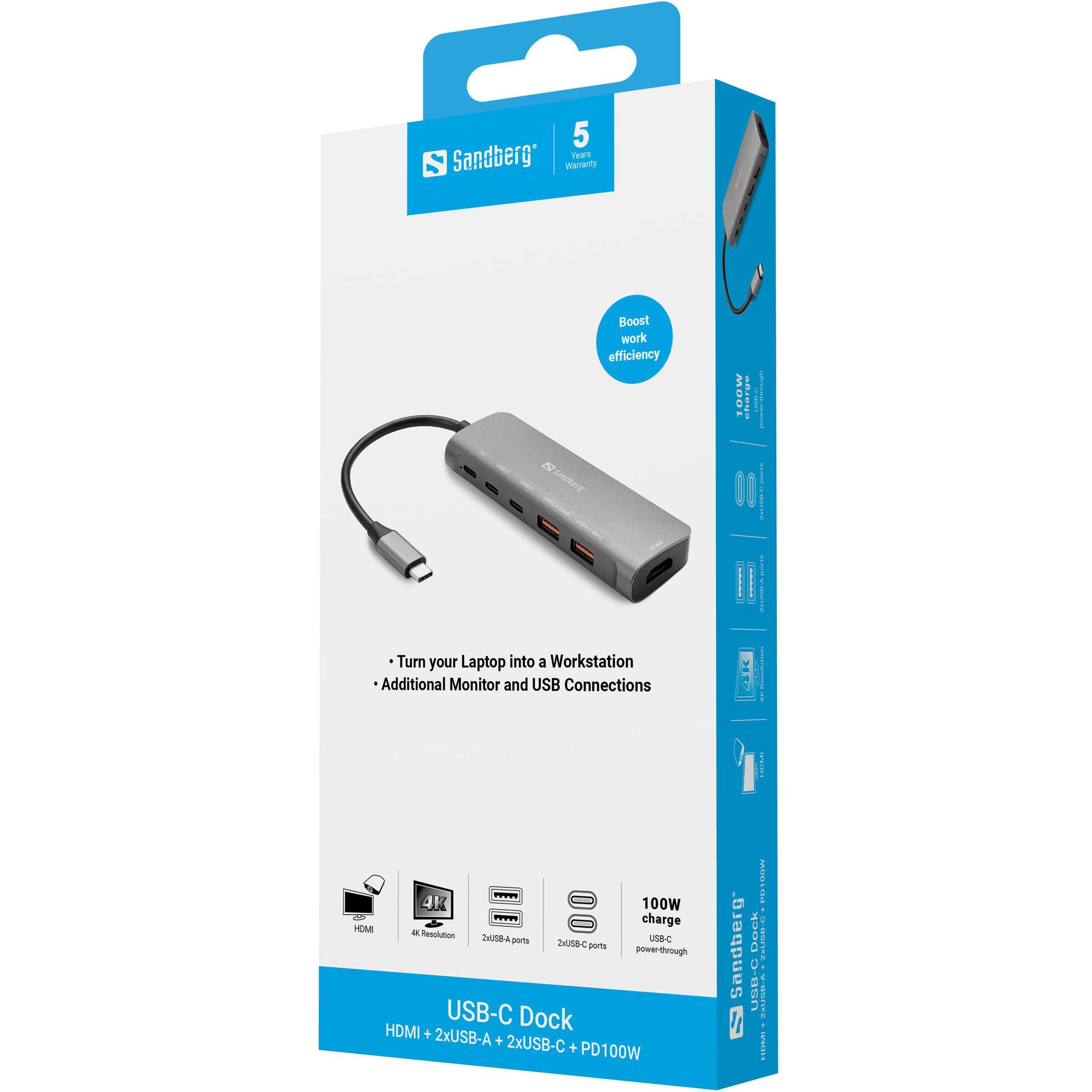 SANDBERG USB-C Dock HDMI + 2xUSB-A + 2xUSB-C + PD100W