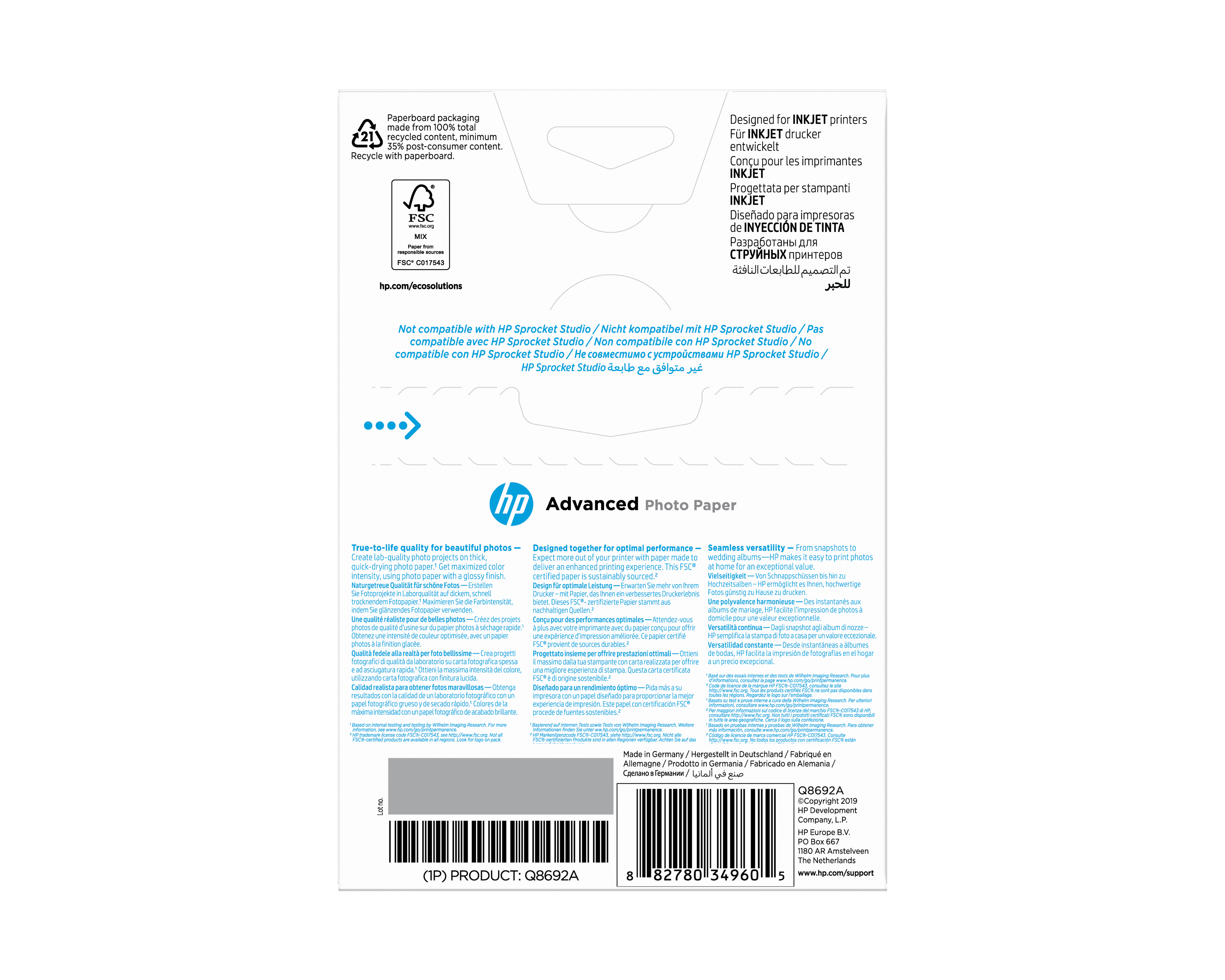 HP original Q8692A Advanced glossy photo paper Ink cartridge 250g/m2 100x150mm 100 sheets 1-pack borderless