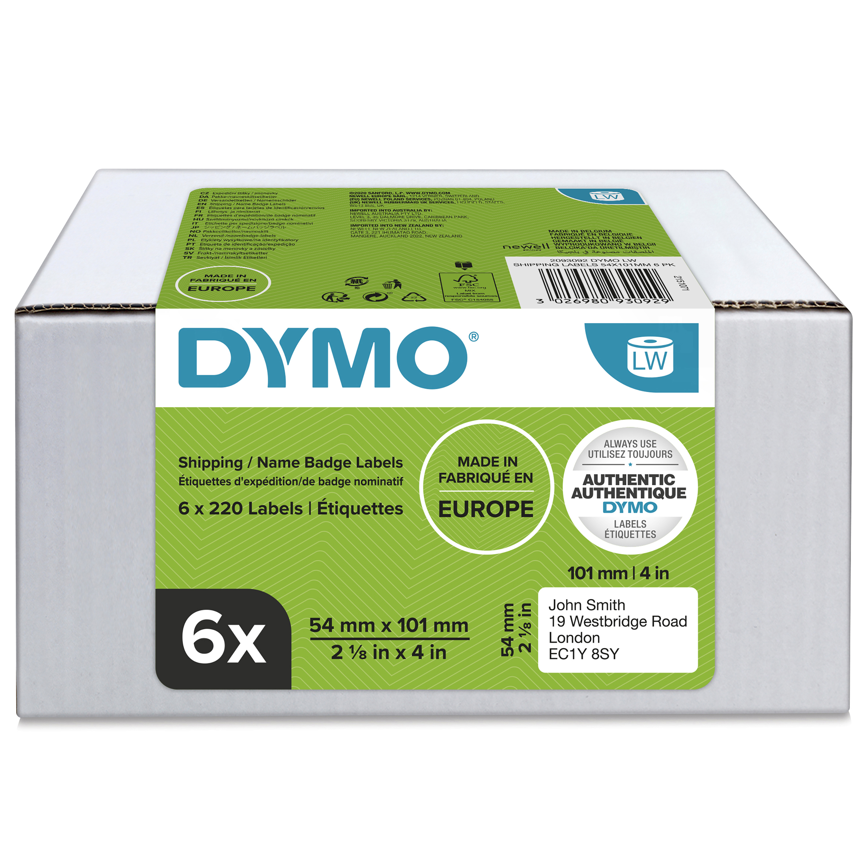 DYMO Etikettenrollen für Etikettendrucker S0722430 weiß, 54,0 x 101,0 mm, 6 x 220 Etiketten