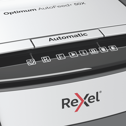 Rexel Optimum AutoFeed+ 50X Aktenvernichter mit Partikelschnitt P-4, 4 x 28 mm, bis 50 Blatt, schwarz