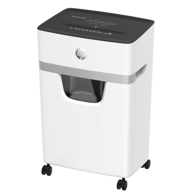 HP OneShred 10MC Aktenvernichter mit Partikelschnitt P-5, 2 x 15 mm, bis 10 Blatt, weiß
