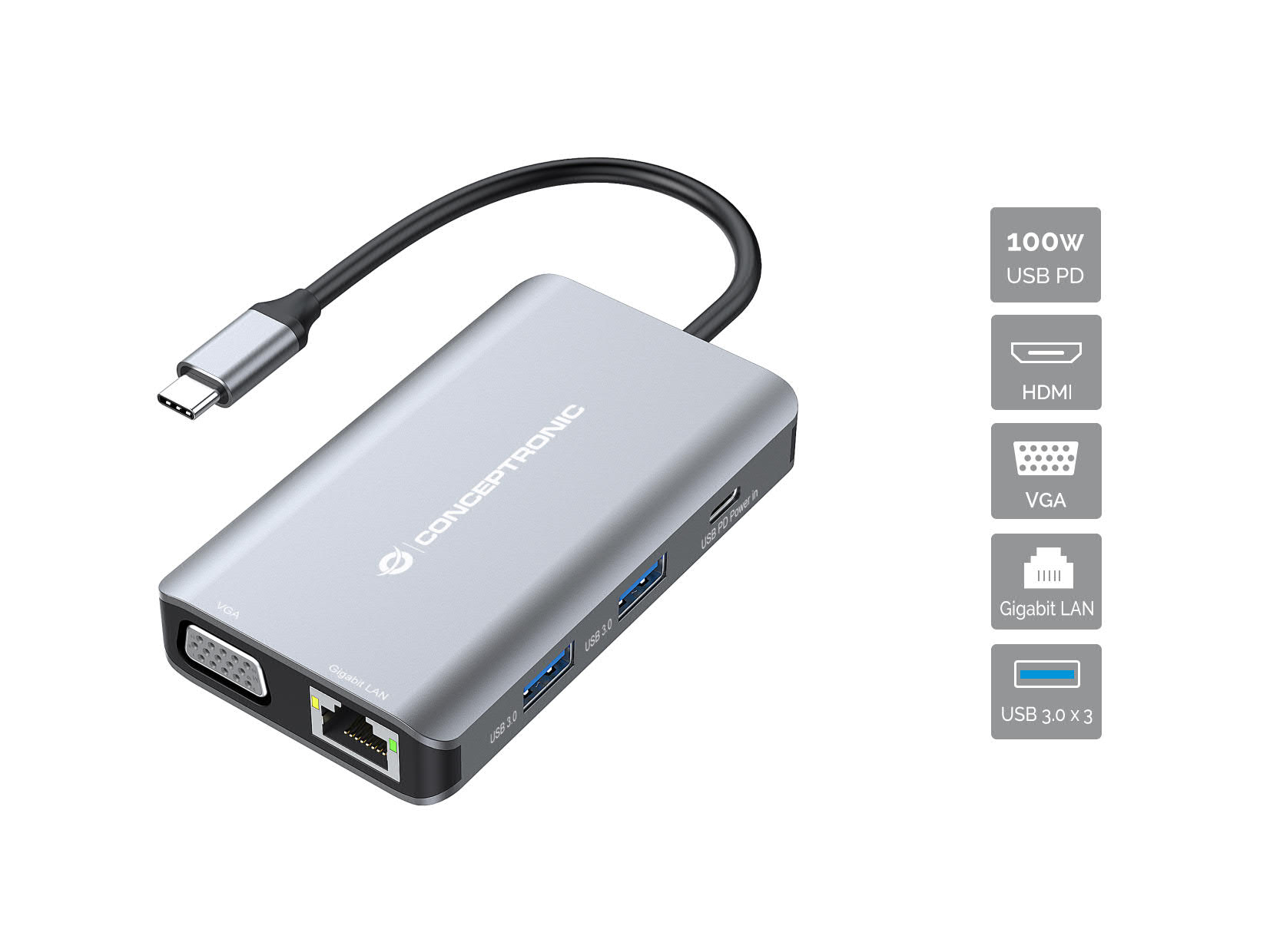 CONCEPTRONIC 7-1 Dock USB-C->HDMI/3xUSB-A/VGA/+ 25cm gr