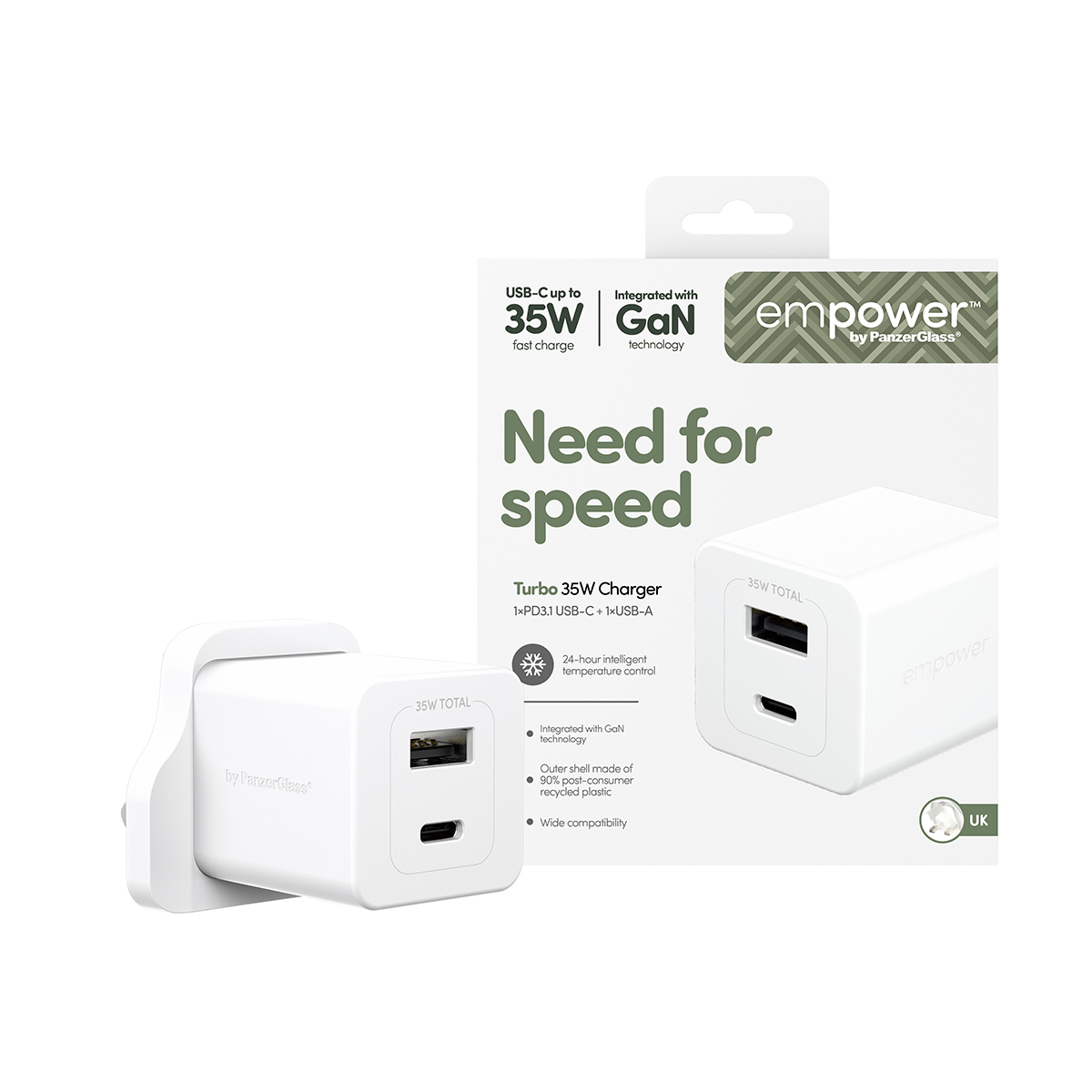 TURBO 35W CHARGER INCL. USB-C USB-A UK PLUGSILVER WHITE