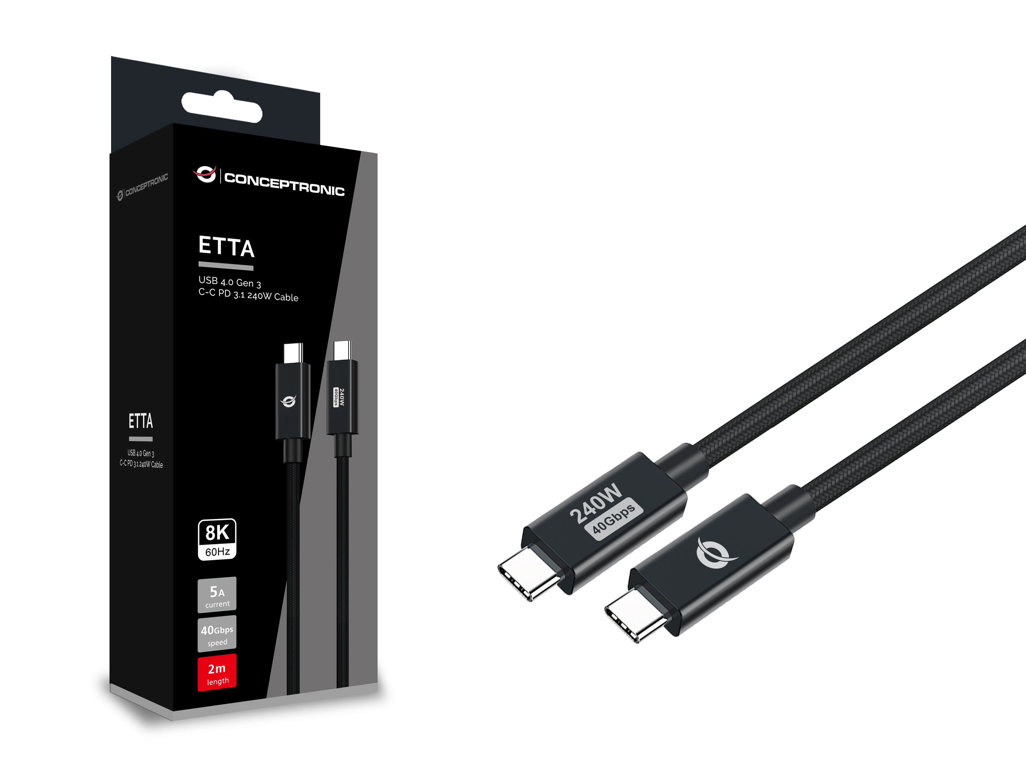 CONCEPTRONIC Kabel USB-C4.0->C 240W/PD3.1 40Gbs 2.00m sw