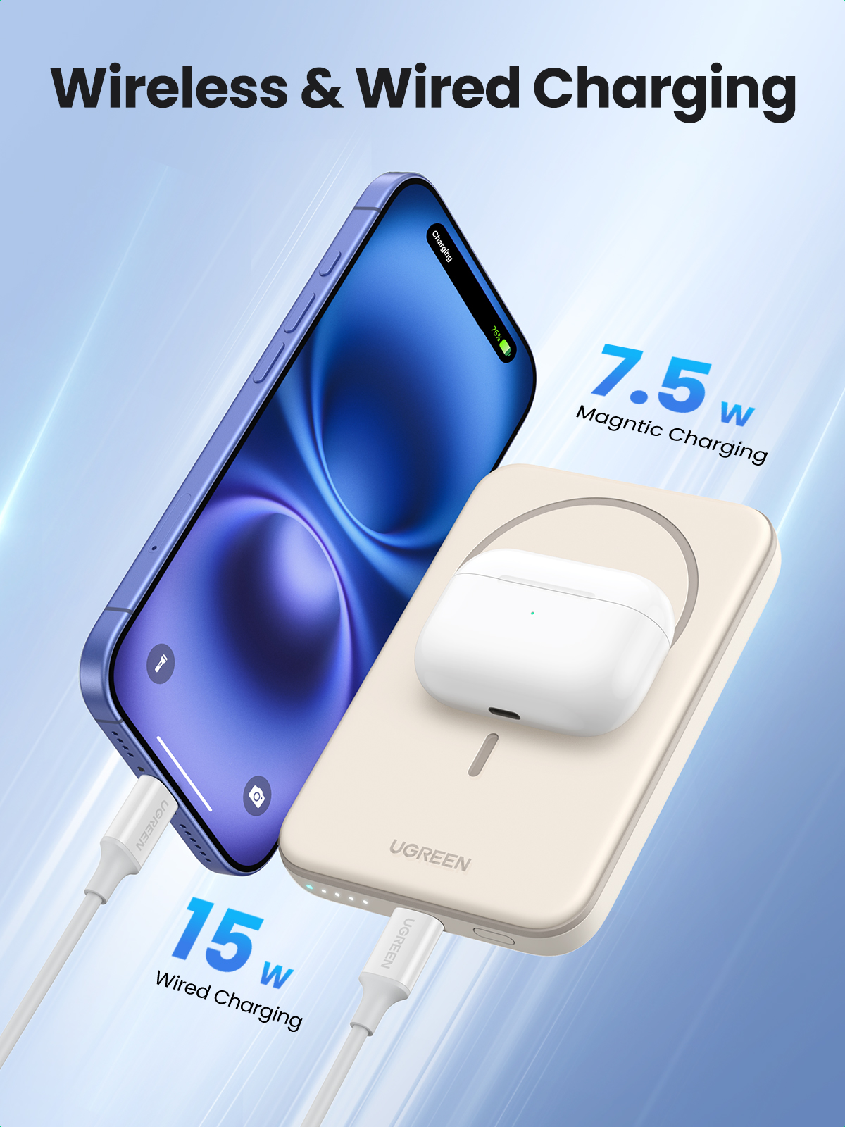 UGREEN PB560 Powerbank magnetisch 5.000mAh 15W USB-C 7.5W Qi LCD Anzeige USB-C Kabel beige