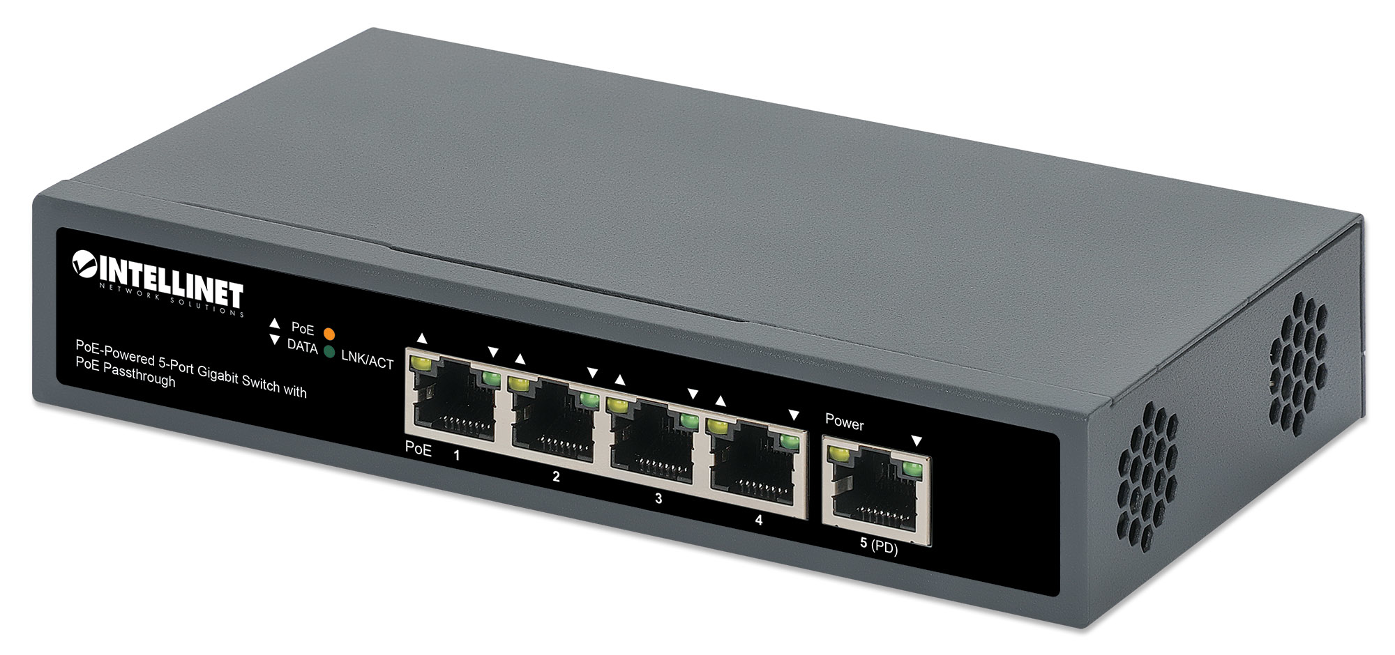 INTELLINET PoE-Powered 5-Port PoE+ Gigabit Switch mit PoE-Passthrough ein PoE++ 4PPoE PD PoE-Port bis 95W vier PSE PoE-Ports bis 65W