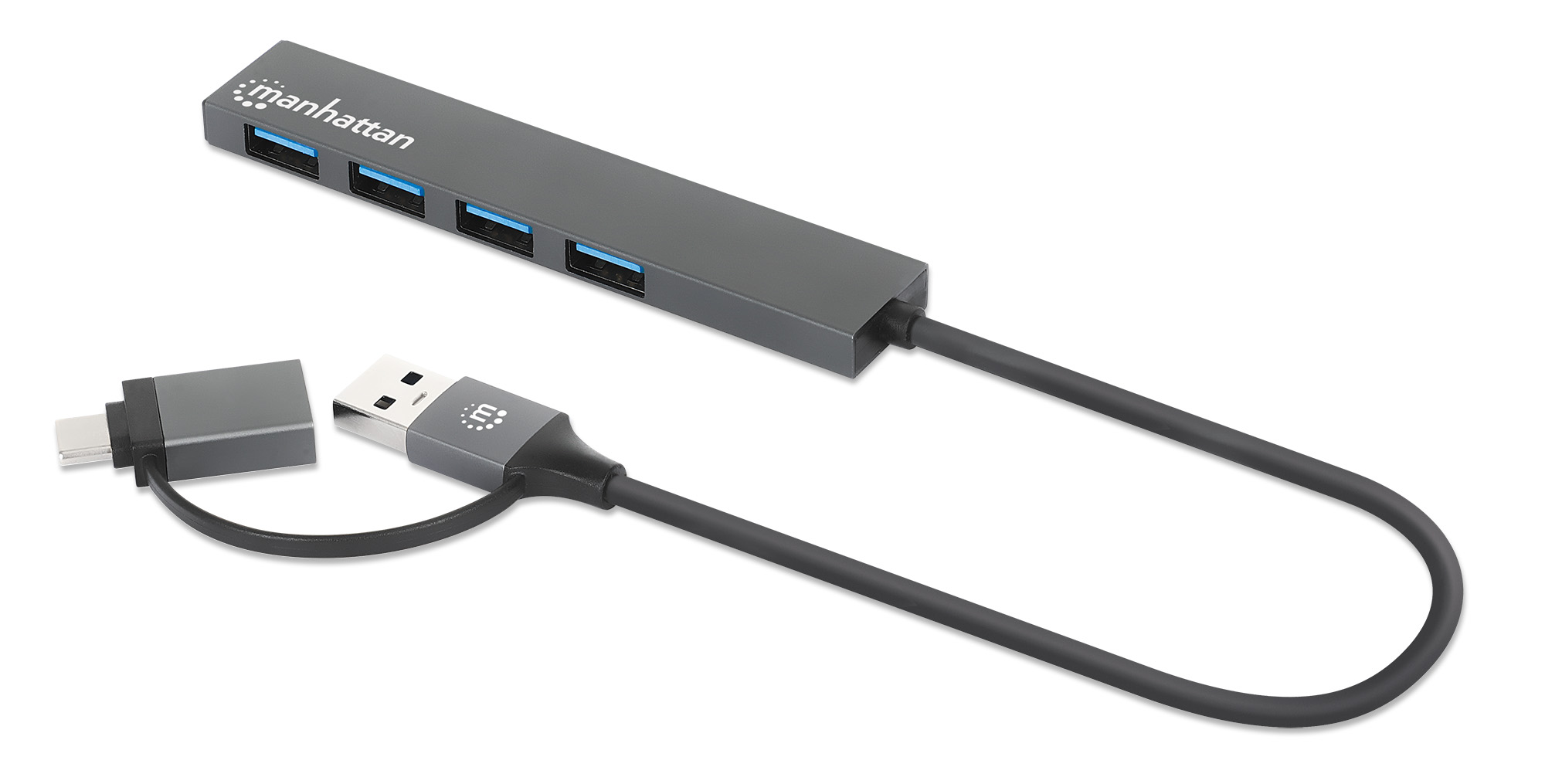MANHATTAN 4-Port USB 3.0 Typ-C/-A Hub USB-C und USB-A-Stecker auf 4x USB-A-Buchsen 5 Gbit/s USB 3.2 Gen 1 Strom über USB Space Grau