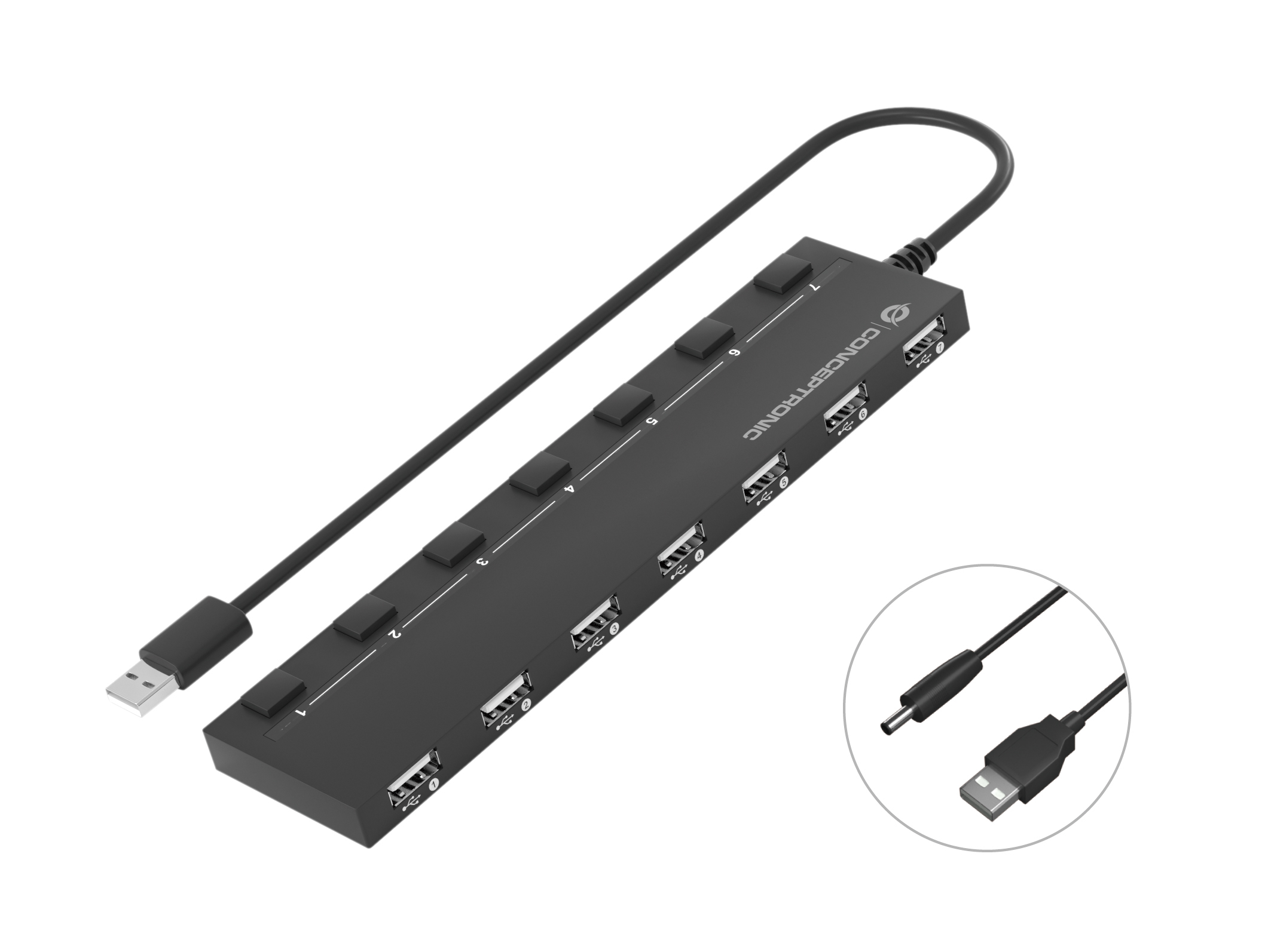 CONCEPTRONIC 7-Port Hub USB-A2.0->7xA2.0/DC o.Netz. sw