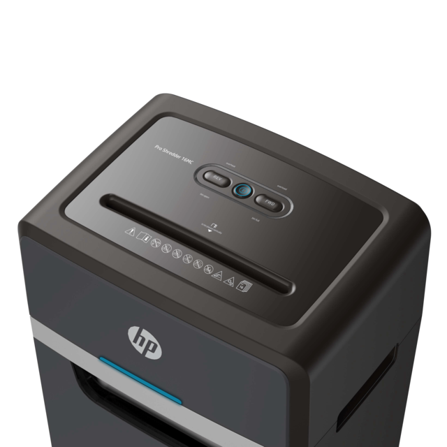 HP Pro Shredder 16MC Aktenvernichter mit Partikelschnitt P-5, 2 x 15 mm, bis 16 Blatt, schwarz