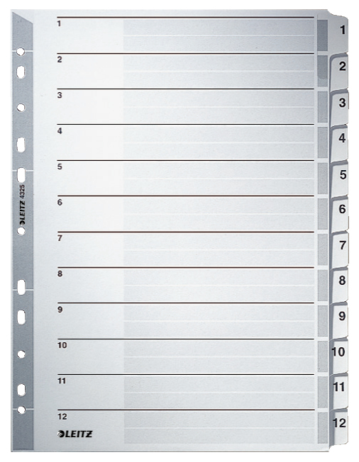 LEITZ Ordnerregister DIN A4 Vollformat 1-12 grau 12-teilig, 1 Satz