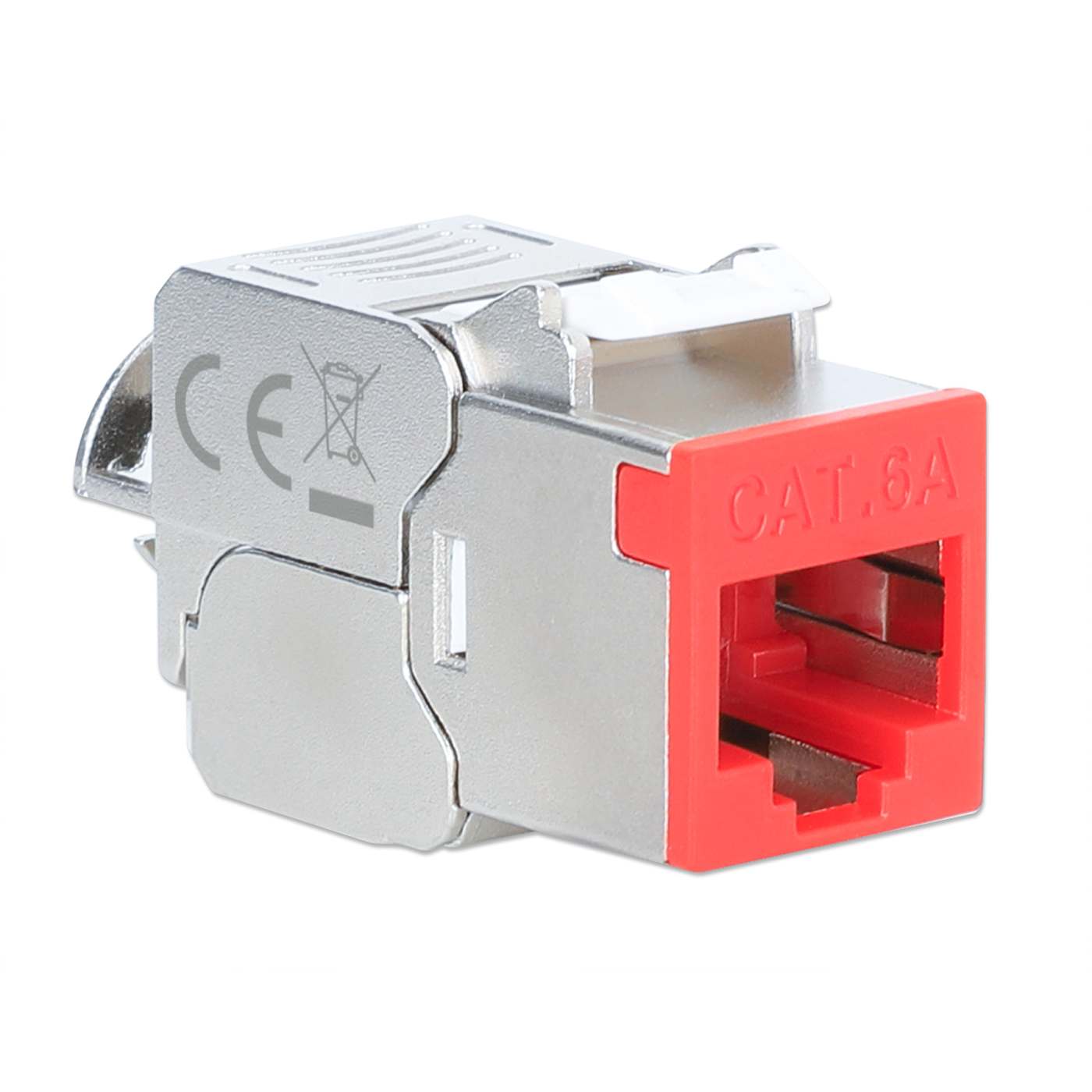 INTELLINET Cat6a 10G Slimline Keystone-Modul STP werkzeuglos mit Rastclip für Massivdraht vergoldete Kontakte Metallgehäuse rot