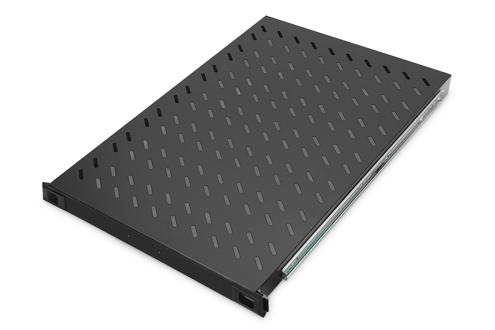 DIGITUS Fachboden 48,3cm 19Zoll fuer Serverschraenke 720mm tief 65KG belastbar perforiert schwarz ausziehbar