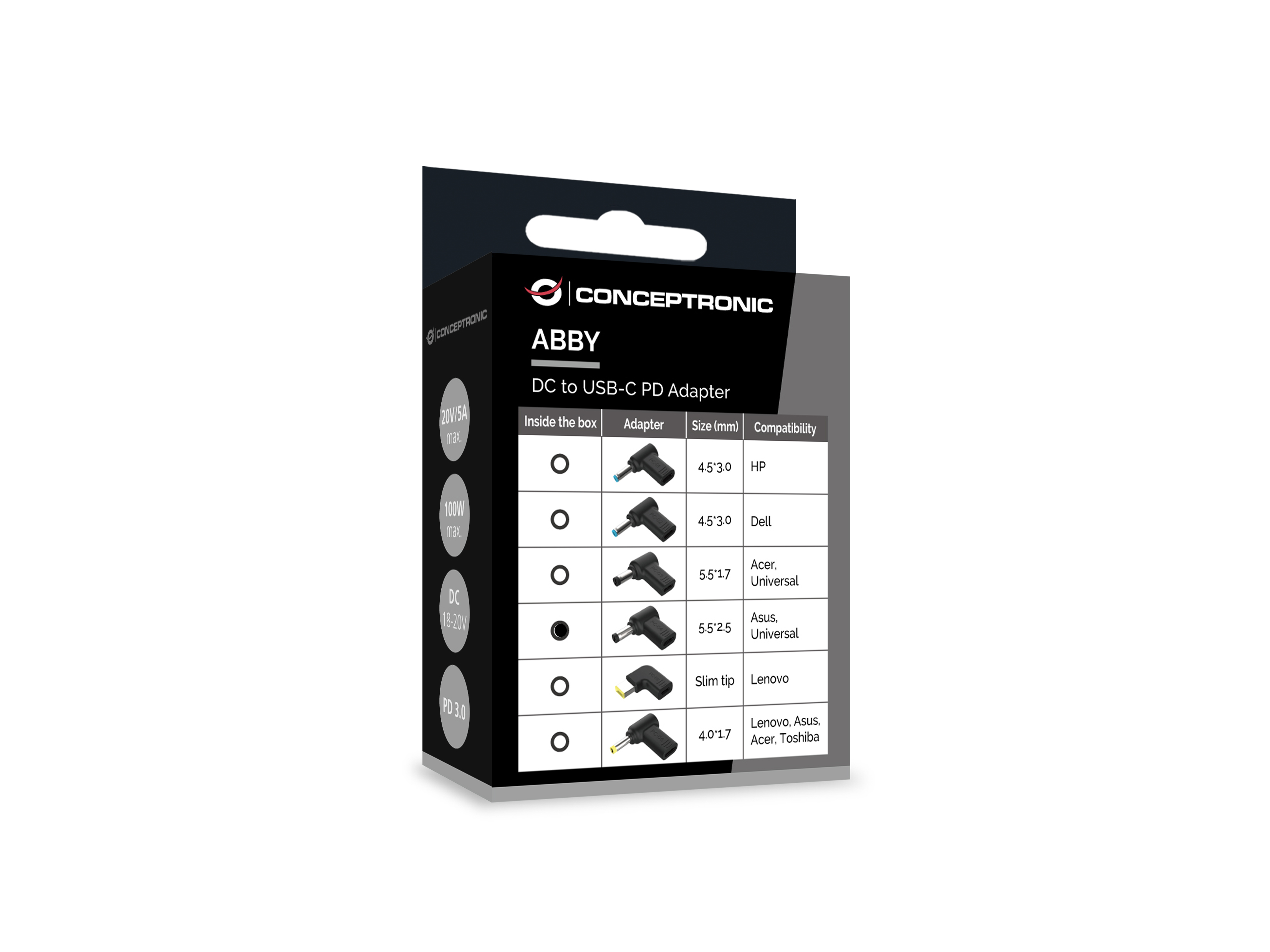 CONCEPTRONIC USB-C PD100W->Asus/Uni.5.5x2.5mm Adap.18-20V sw