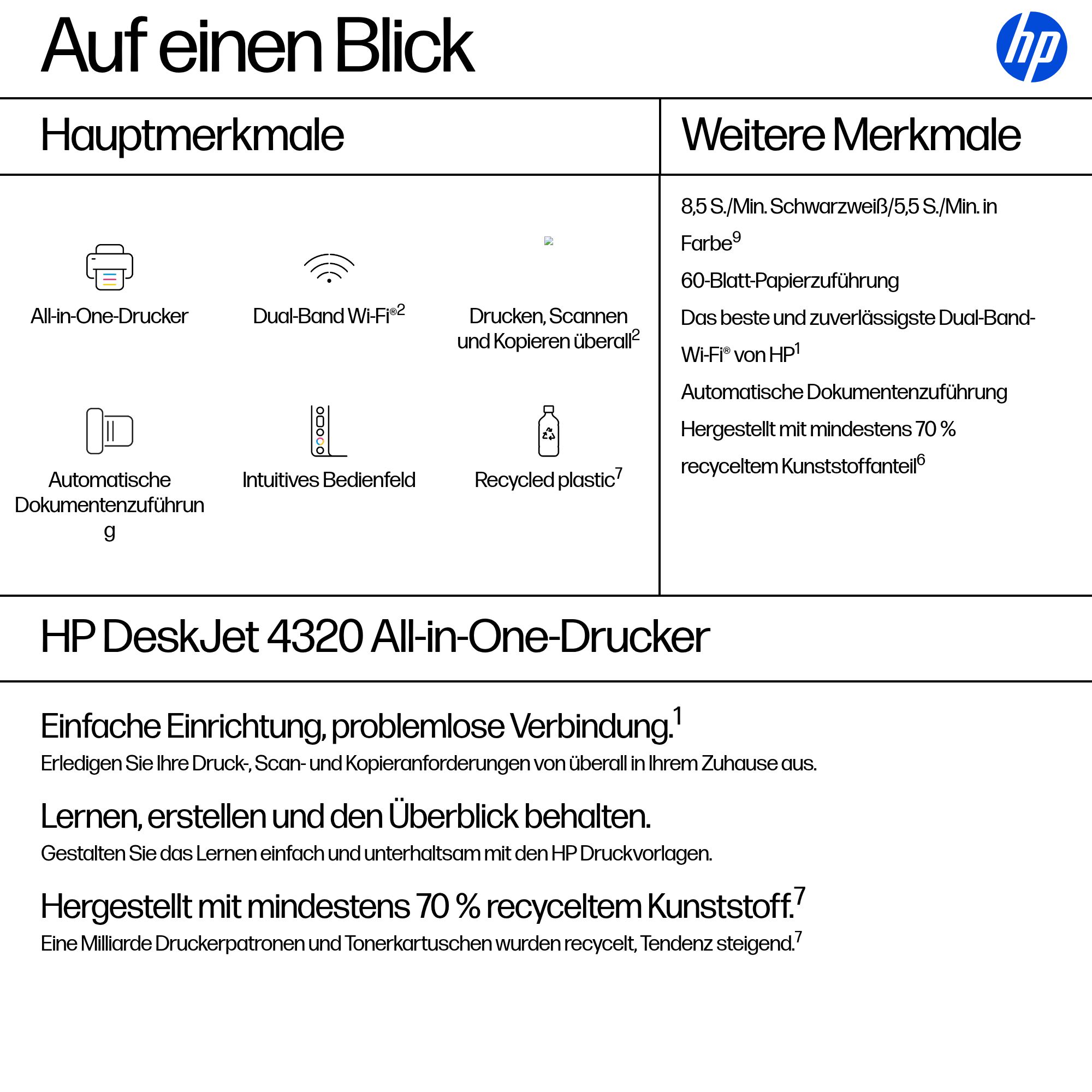 HP DeskJet 4320 All-in-One 3 in 1 Tintenstrahl-Multifunktionsdrucker schwarz, HP Instant Ink-fähig