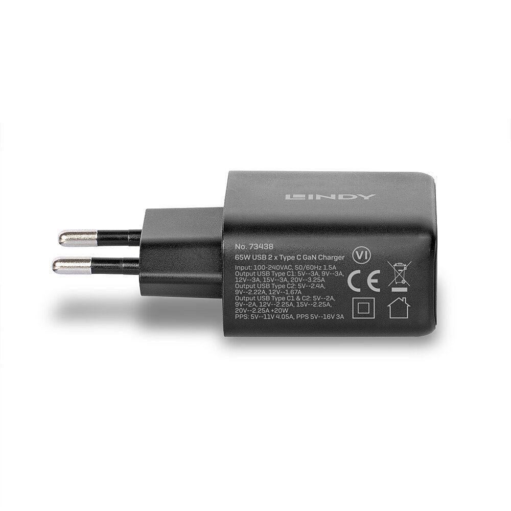 LINDY 65W USB 2 x Type C GaN Charger mit EU-Stecker