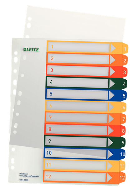 LEITZ Ordnerregister 1294 DIN A4 Vollformat, Überbreite 1-12 farbig 12-teilig, 1 Satz