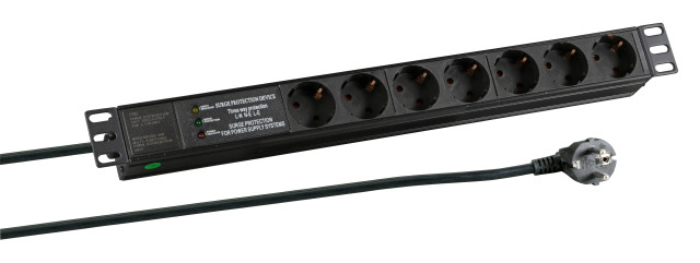 EFB 48,26cm 19Zoll 1HE Steckdosenleiste 7fach SCHUKO Steckdosen mit Ueberspannungsschutz im Aluprofil SCHWARZ