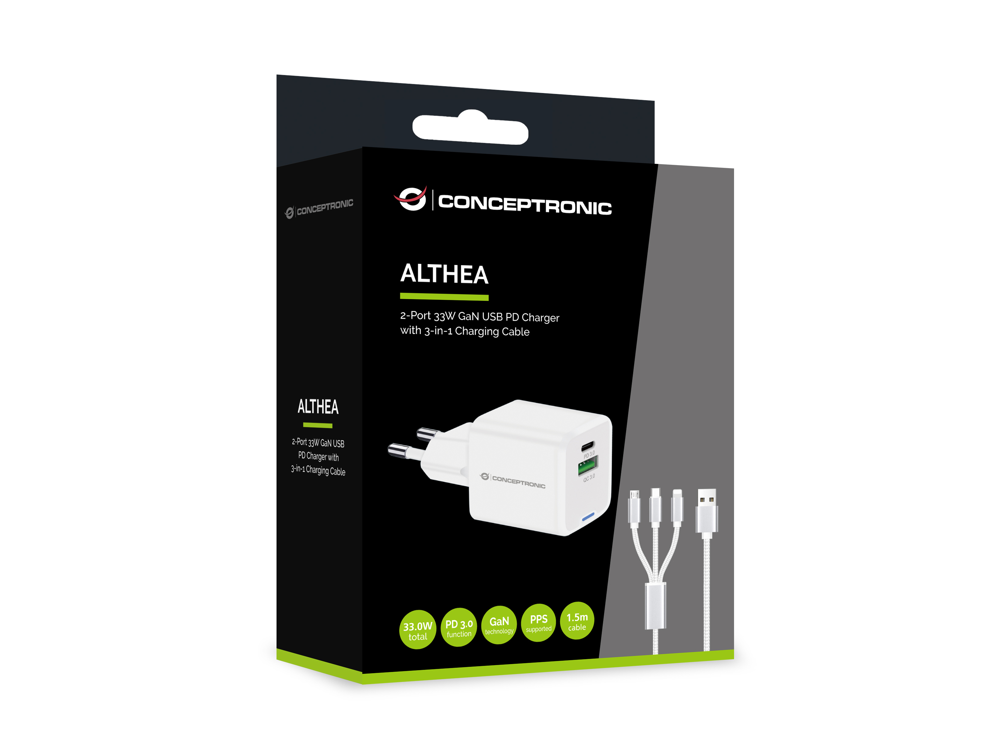 CONCEPTRONIC Ladegerät 2Port GaN 3-in-1 33WPD3.0/PPS ws