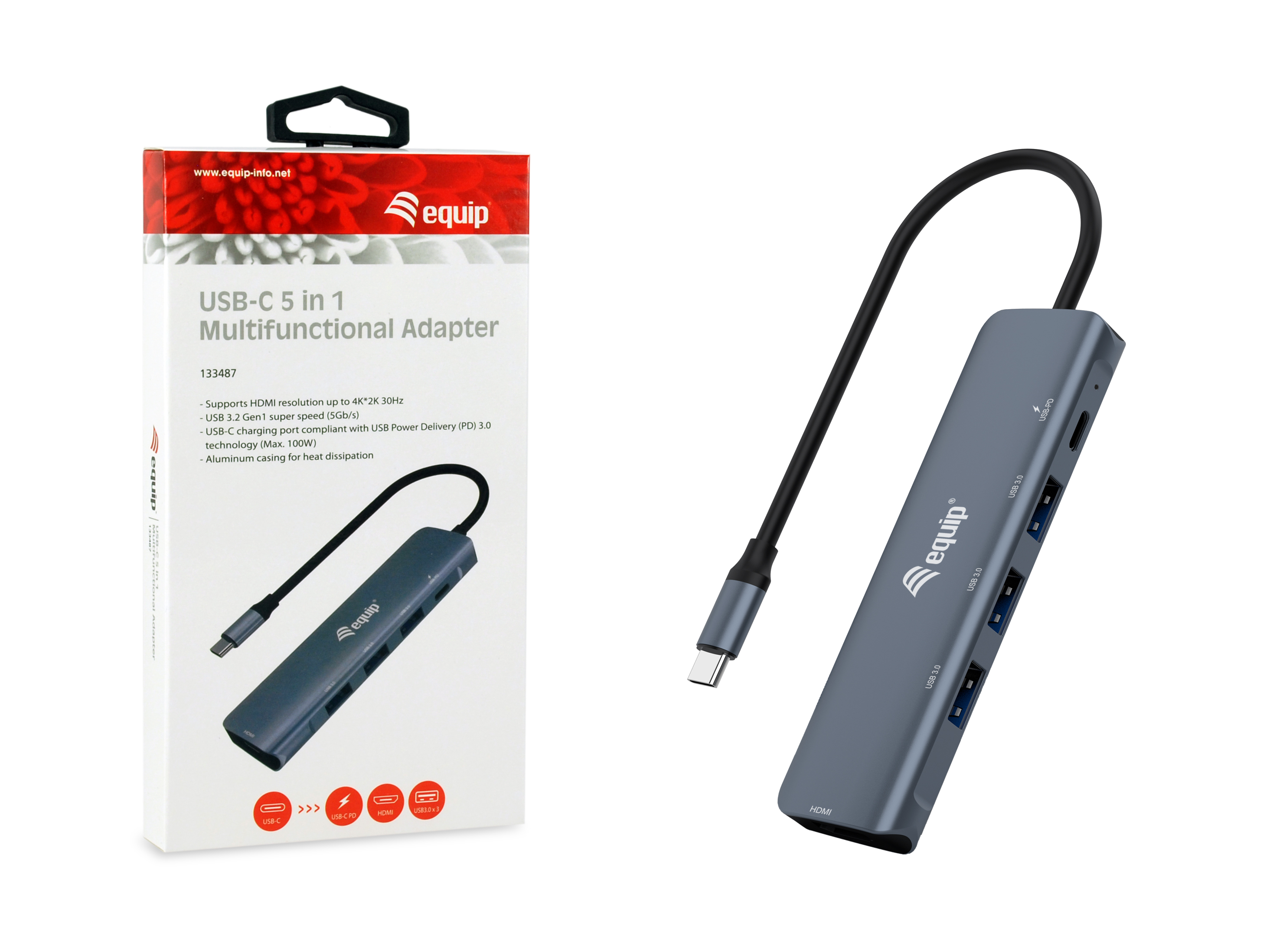 Equip Dock 5-1 USB-C->HDMI,3xUSB-A,100W USB-C 0.25m