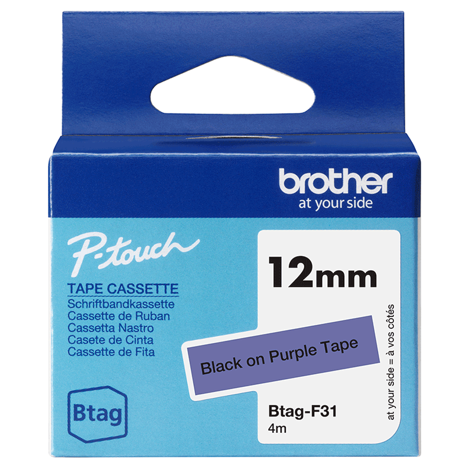 brother Schriftband Btag BTAGF31, 12 mm, schwarz auf lila, 1 St.