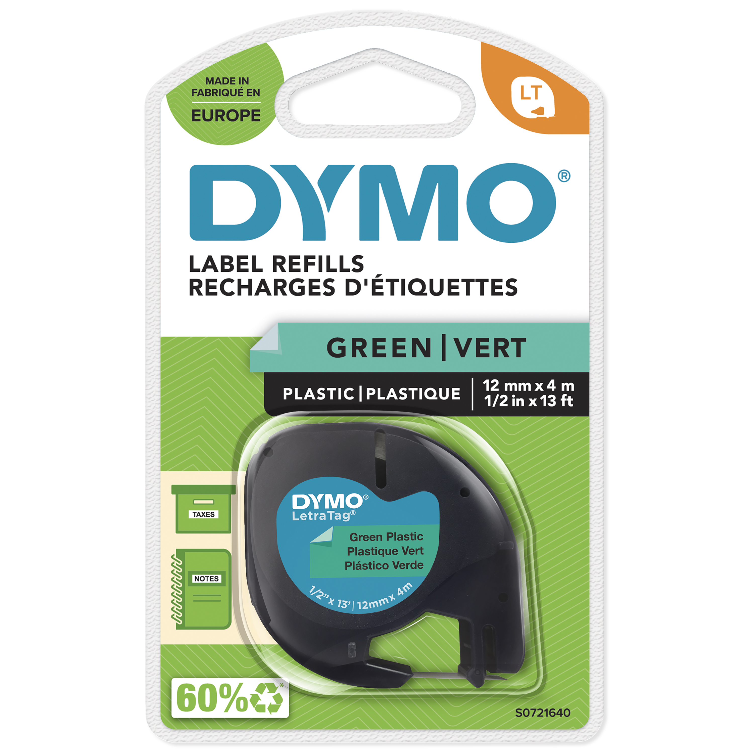 DYMO Schriftband LetraTag 91224 S0721640, 12 mm, schwarz auf grün, 1 St.